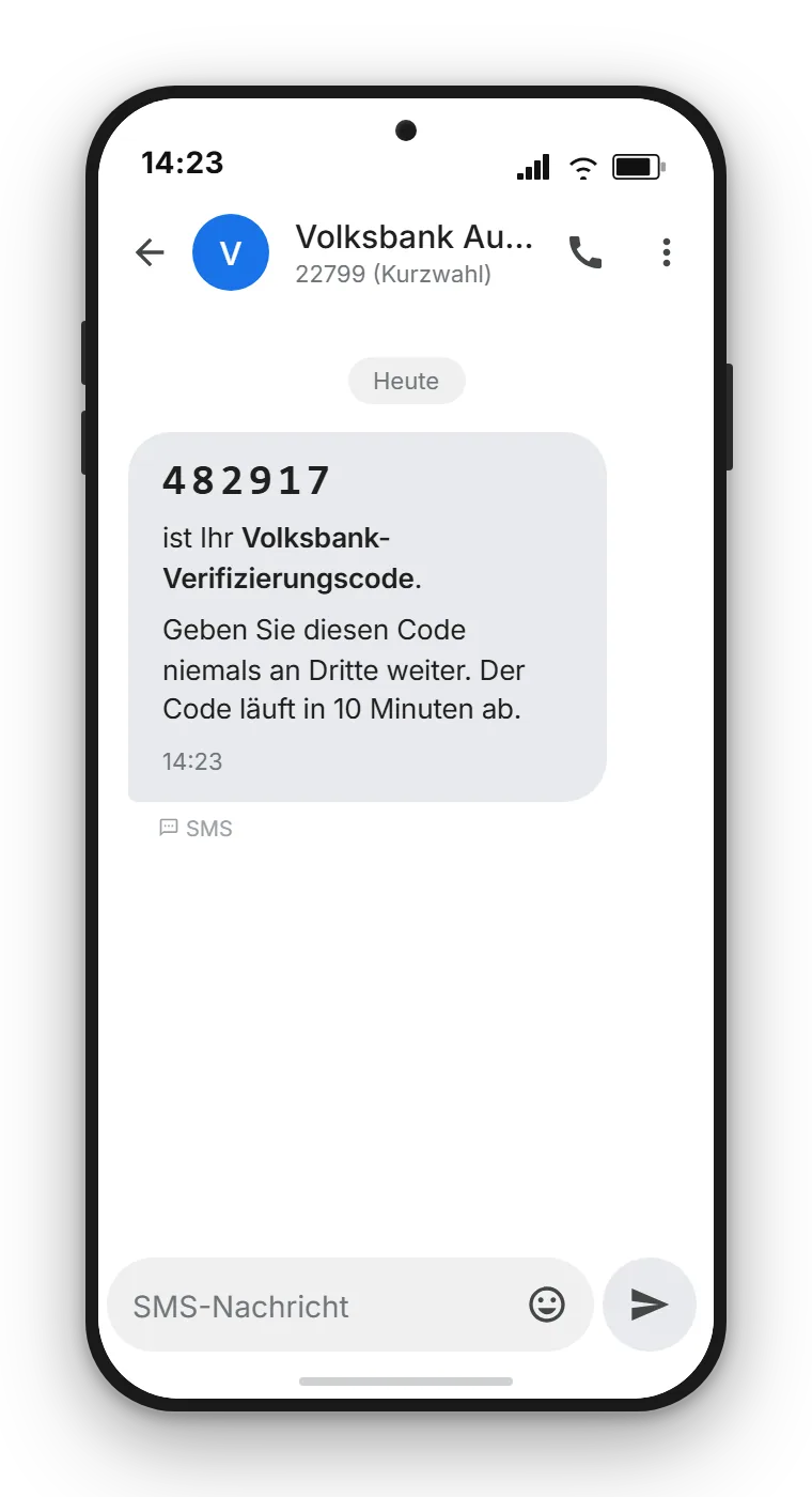 Klassische OTP-SMS mit Code 482917, gesendet als anonyme Kurzwahl 22799 – Vergleichsmockup zur WhatsApp-Authentication im SendSeven-Blog für DACH-Unternehmen