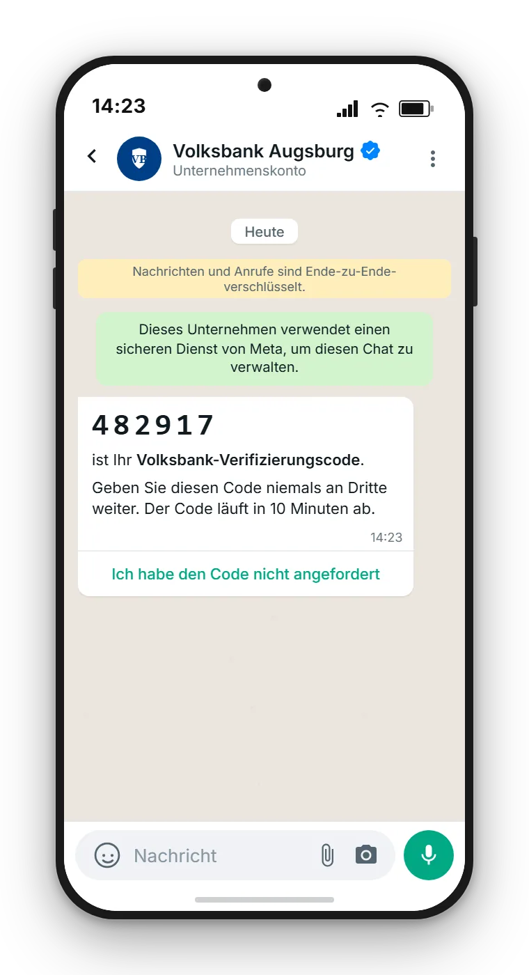 WhatsApp Authentication-Template mit OTP-Code 482917 auf dem Smartphone – Beispielnachricht einer Bank, dargestellt im SendSeven-Mockup mit verifiziertem Absender, Sicherheitshinweis und Quick-Reply-Button