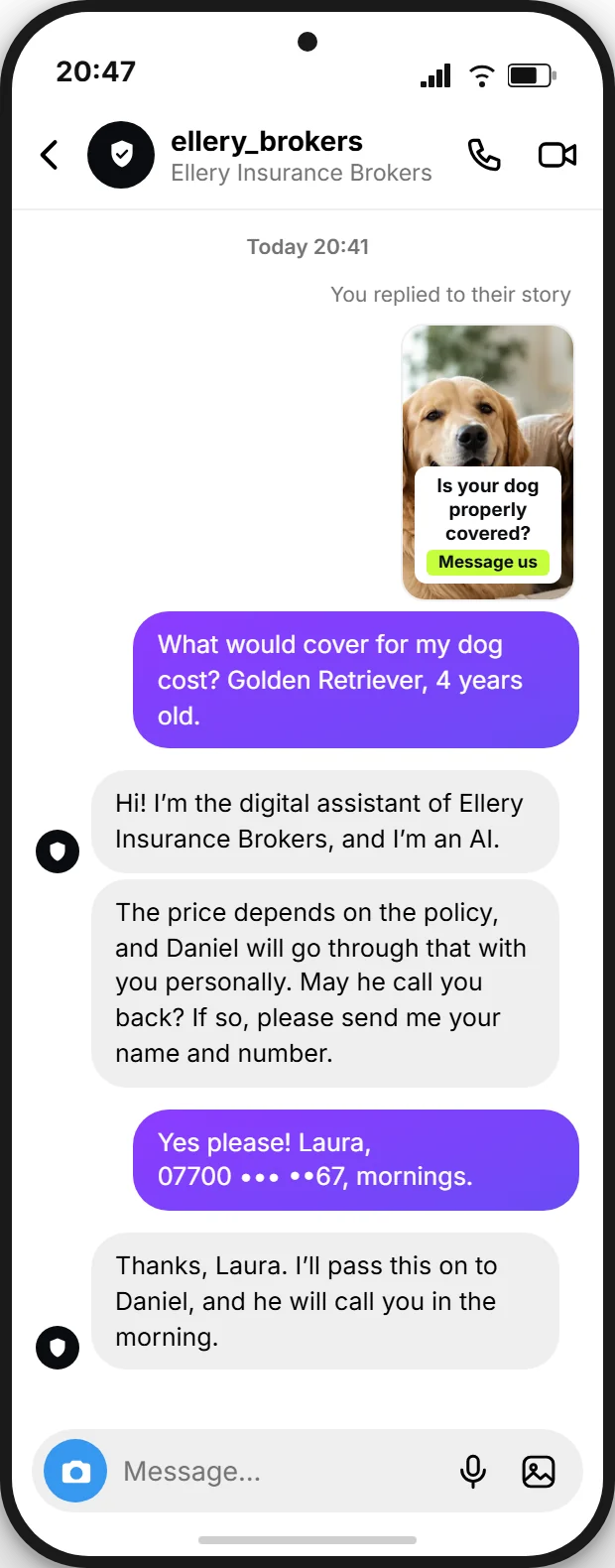 Instagram direct message to a brokerage after a story about pet insurance: the AI assistant of Ellery Insurance Brokers introduces itself as AI, names no price and asks Laura for her name and callback number, SendSeven mockup