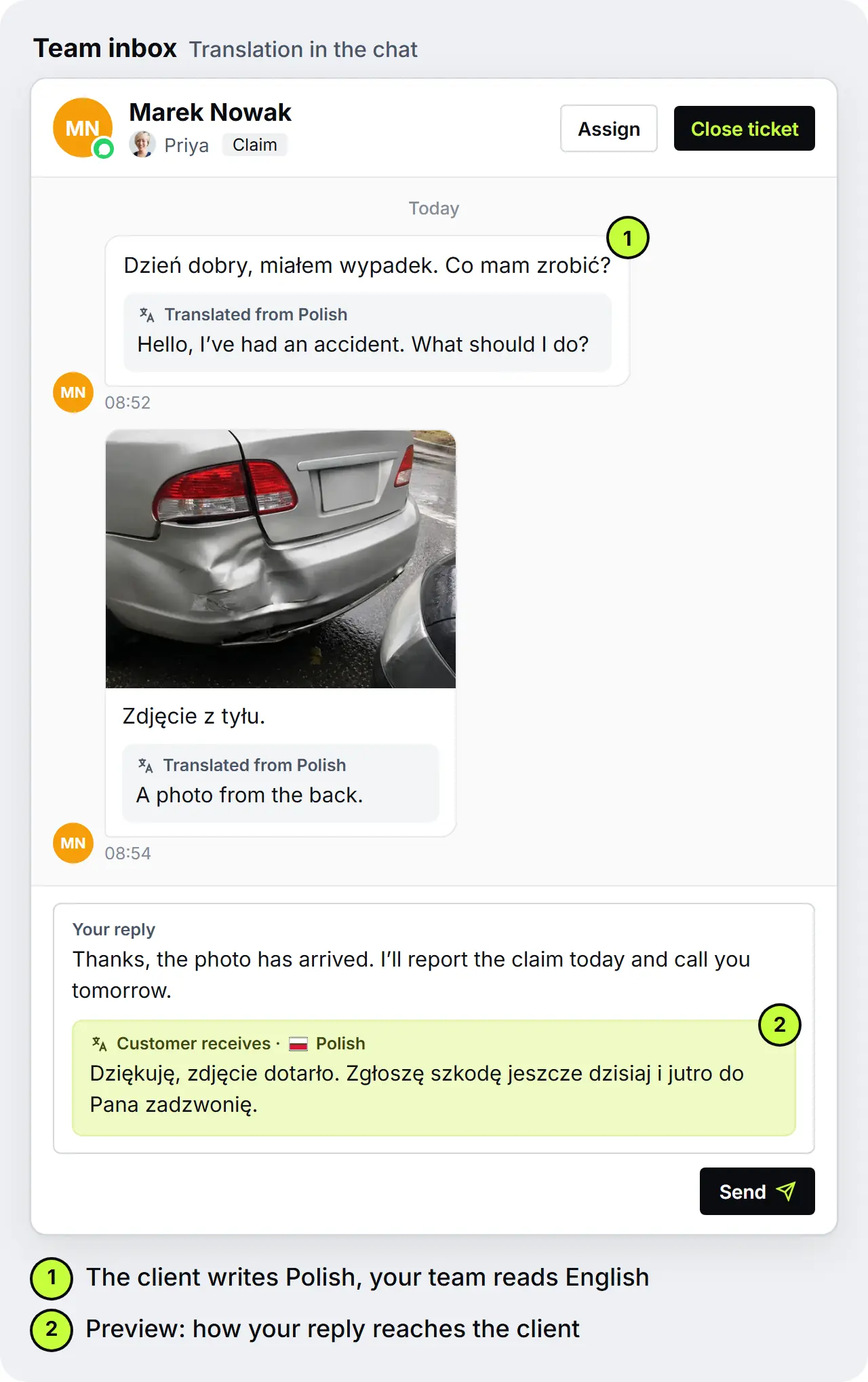Chat in the team inbox: under a client's message in Polish sits the English translation, and the brokerage's English reply goes to the client translated into Polish, SendSeven mockup