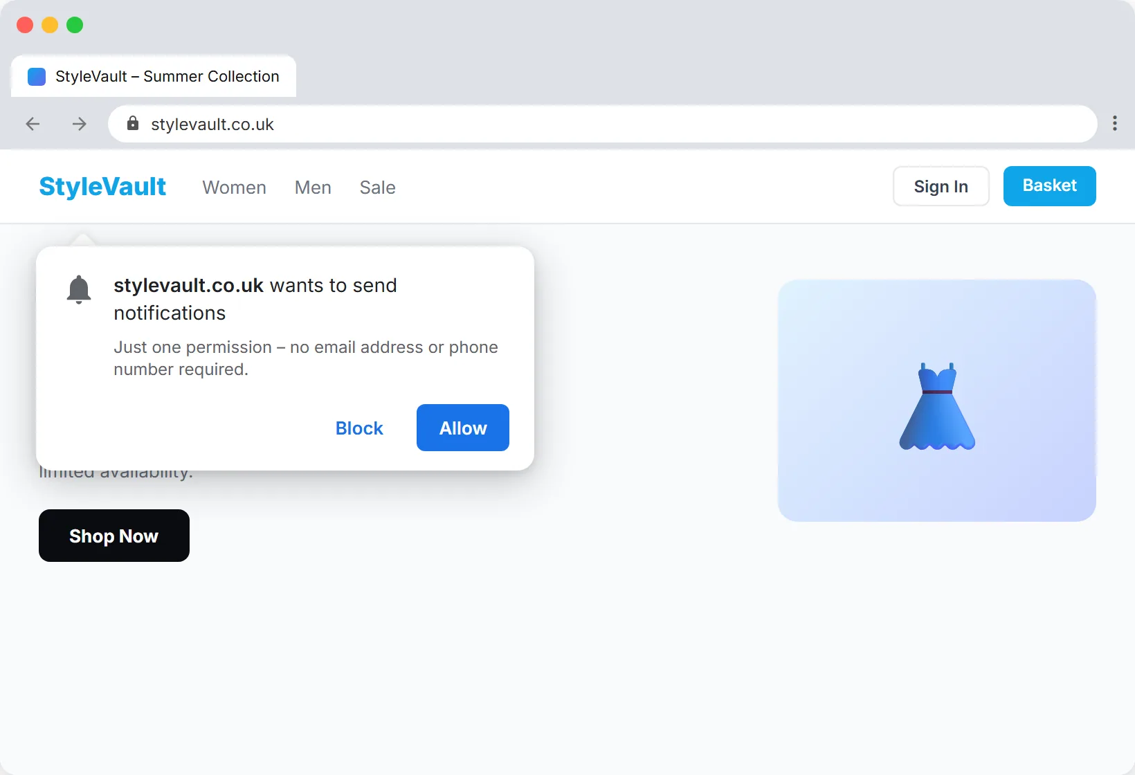 SendSeven opt-in prompt for browser push in English: This website wants to send notifications, with Allow and Block buttons