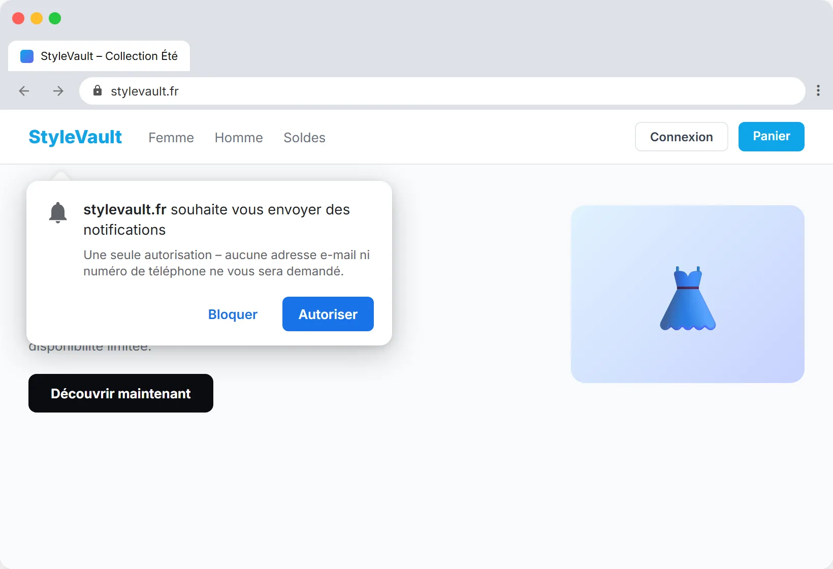 Invite d'opt-in SendSeven pour le push navigateur : Ce site souhaite vous envoyer des notifications, avec les boutons Autoriser et Bloquer