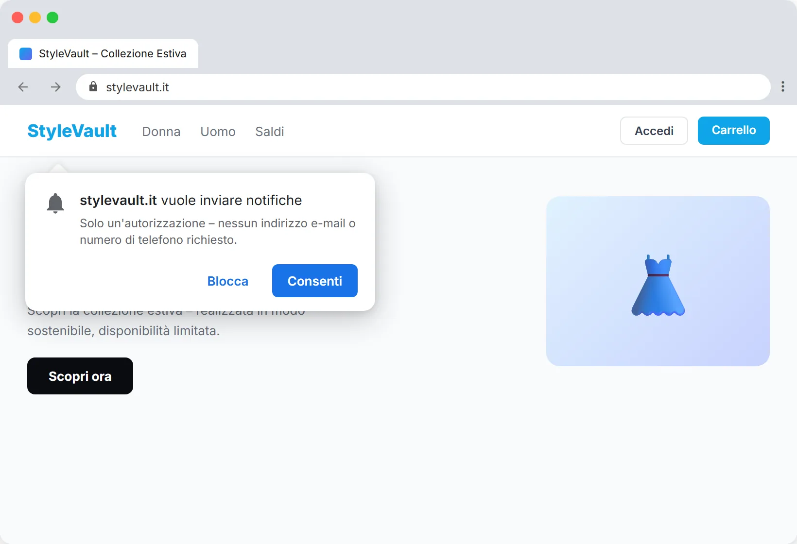 SendSeven prompt di opt-in per browser push in italiano: Questo sito vuole inviare notifiche, con pulsanti Consenti e Blocca