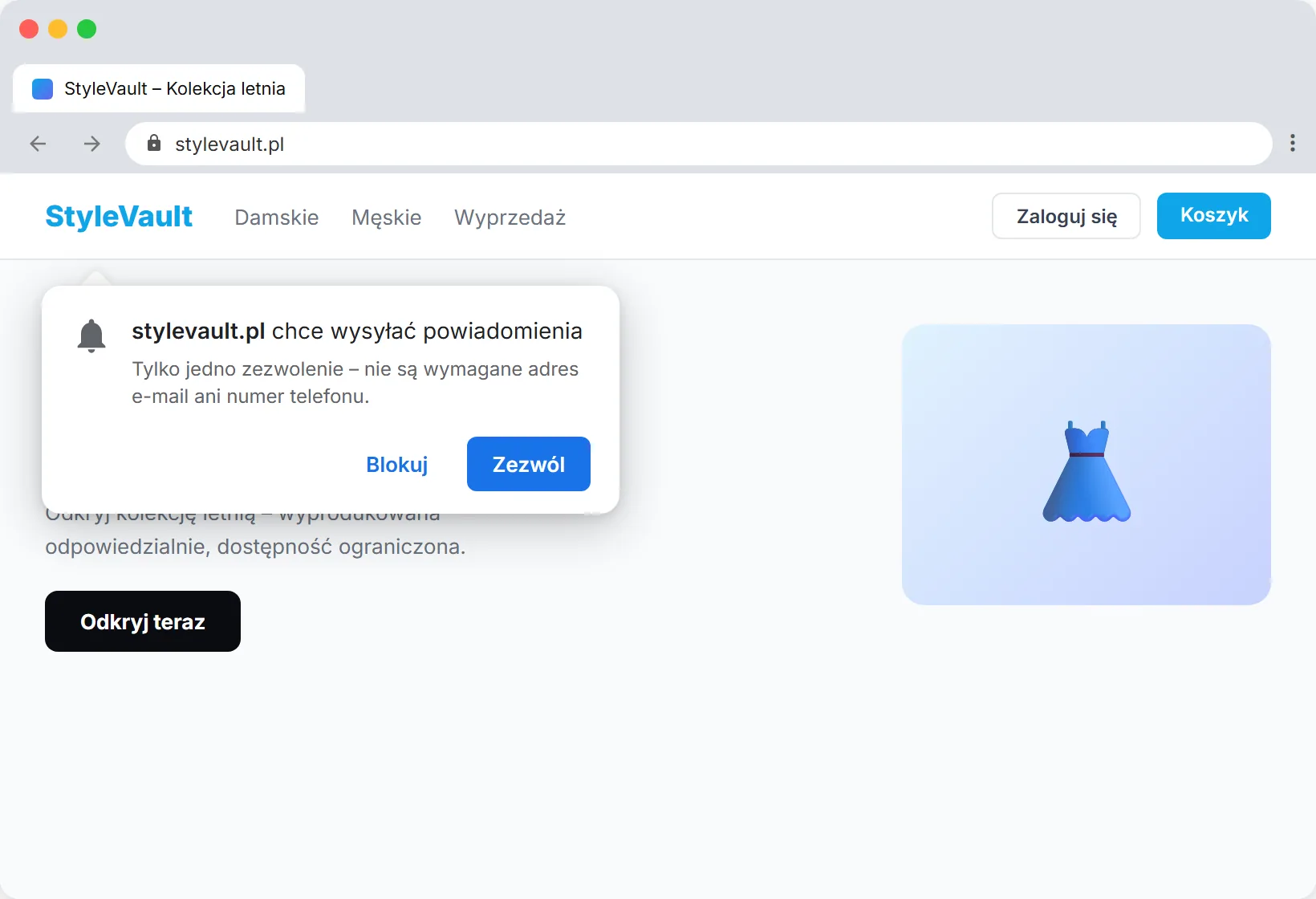 SendSeven prompt opt-in Browser-Push po polsku: Ta strona chce wysyłać powiadomienia, z przyciskami Zezwól i Blokuj