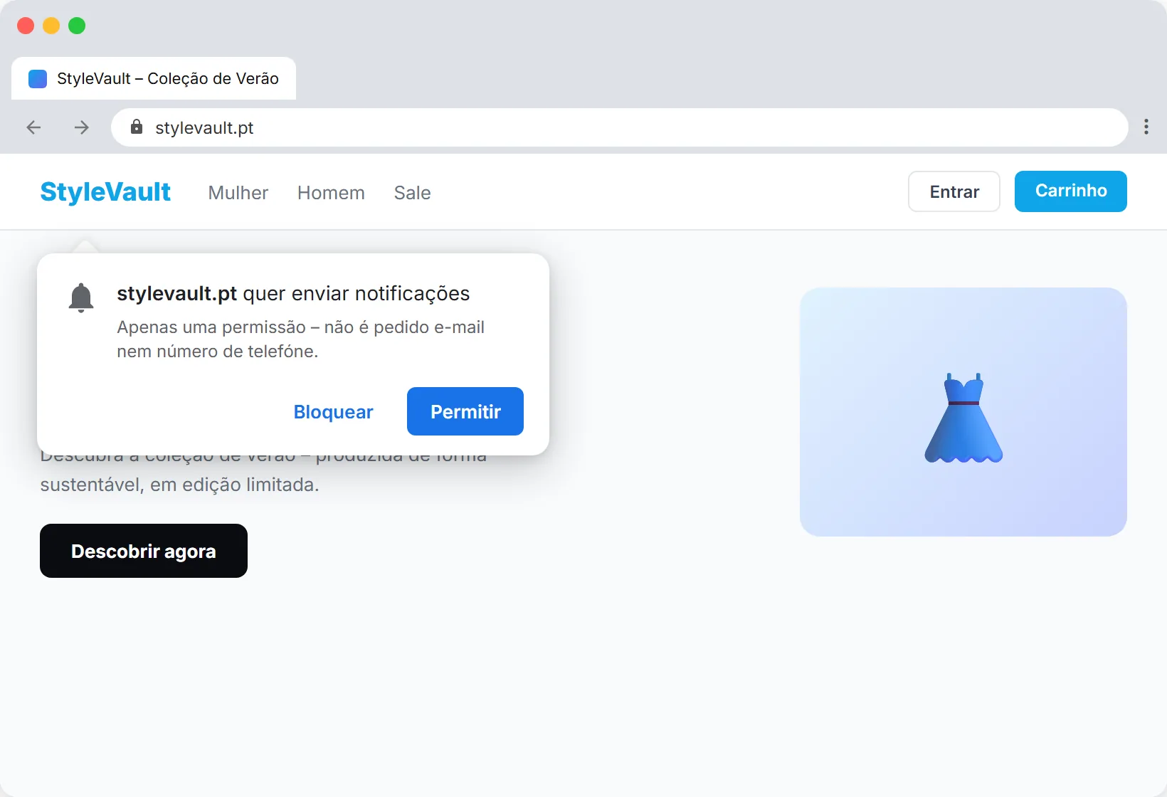 SendSeven pedido de opt-in para Browser Push em Portugues: Este site pretende enviar notificacoes, com botoes Permitir e Bloquear
