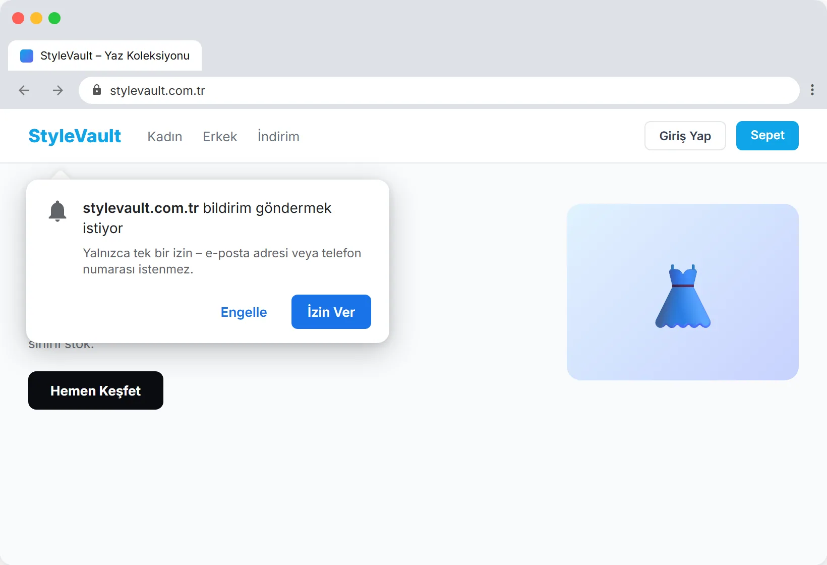 Türkçe Browser Push için SendSeven Opt-in istemi: Bu site bildirim göndermek istiyor, İzin Ver ve Engelle düğmeleriyle