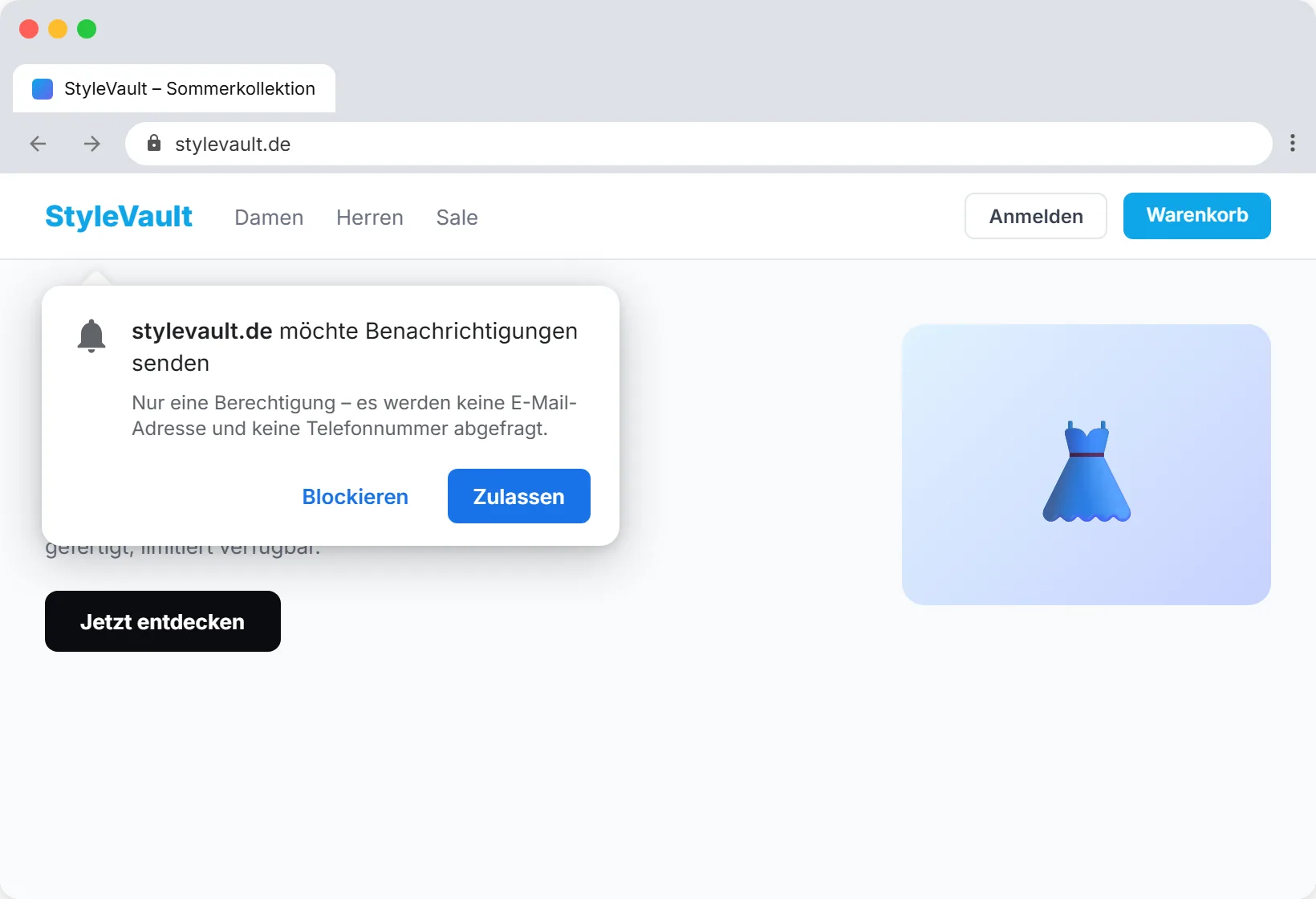 SendSeven Opt-in-Prompt für Browser-Push auf Deutsch: Diese Website möchte Benachrichtigungen senden, mit Buttons Zulassen und Blockieren