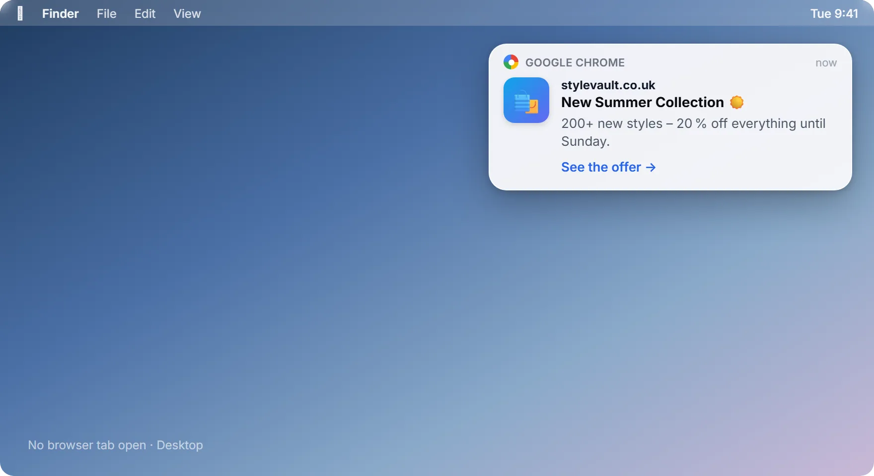 SendSeven browser push notification as a desktop toast in the top-right corner with title, text, and a link to the offer