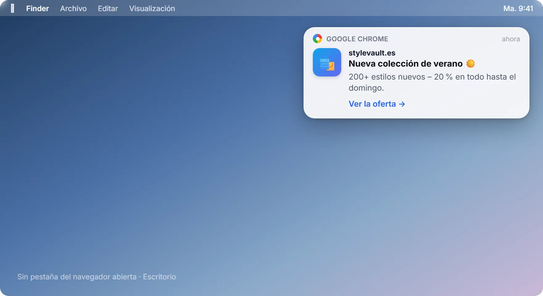 SendSeven notificación Browser Push como toast de escritorio en la esquina superior derecha con título, texto y enlace a la oferta