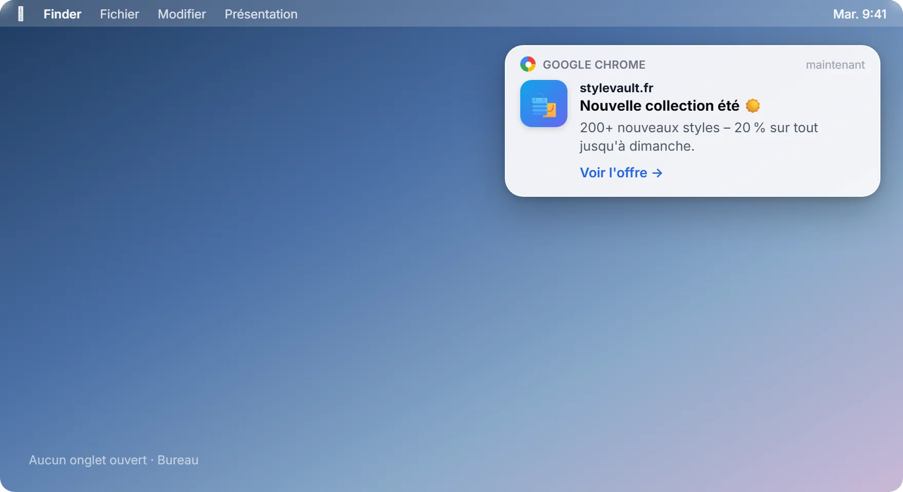 Notification push navigateur SendSeven sous forme de toast en haut à droite du bureau avec titre, texte et lien vers l'offre