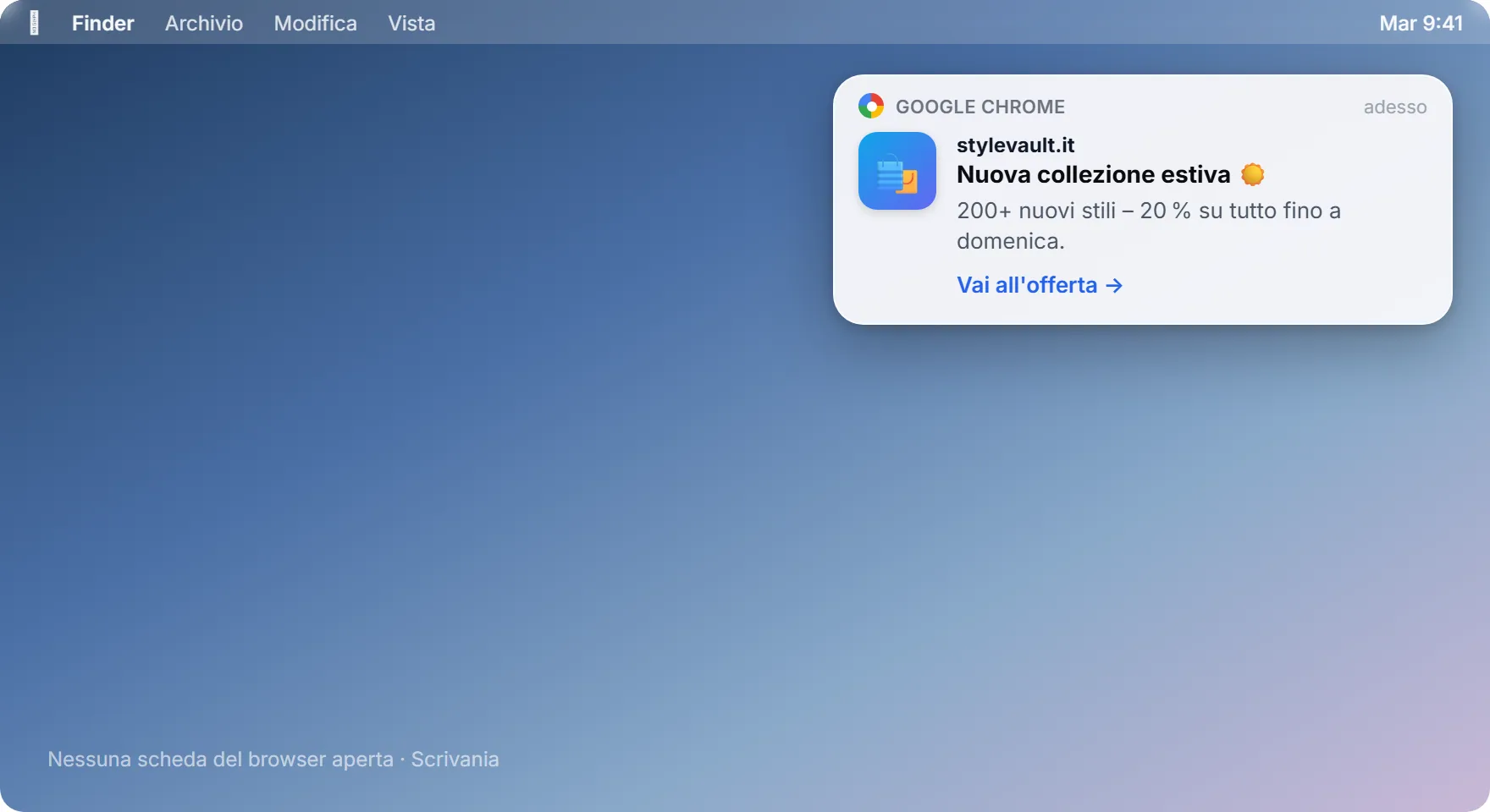 SendSeven browser push notification come toast desktop in alto a destra con titolo, testo e link all'offerta