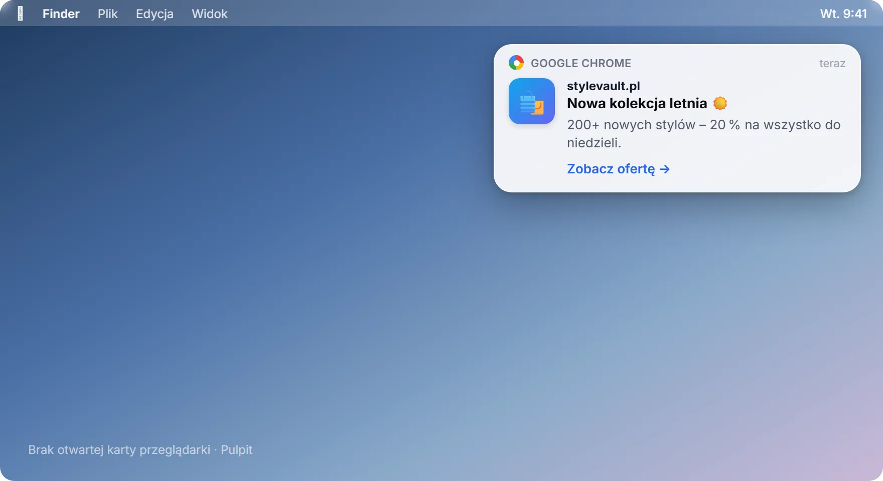 Powiadomienie Browser-Push SendSeven jako toast na pulpicie w prawym górnym rogu z tytułem, tekstem i linkiem do oferty