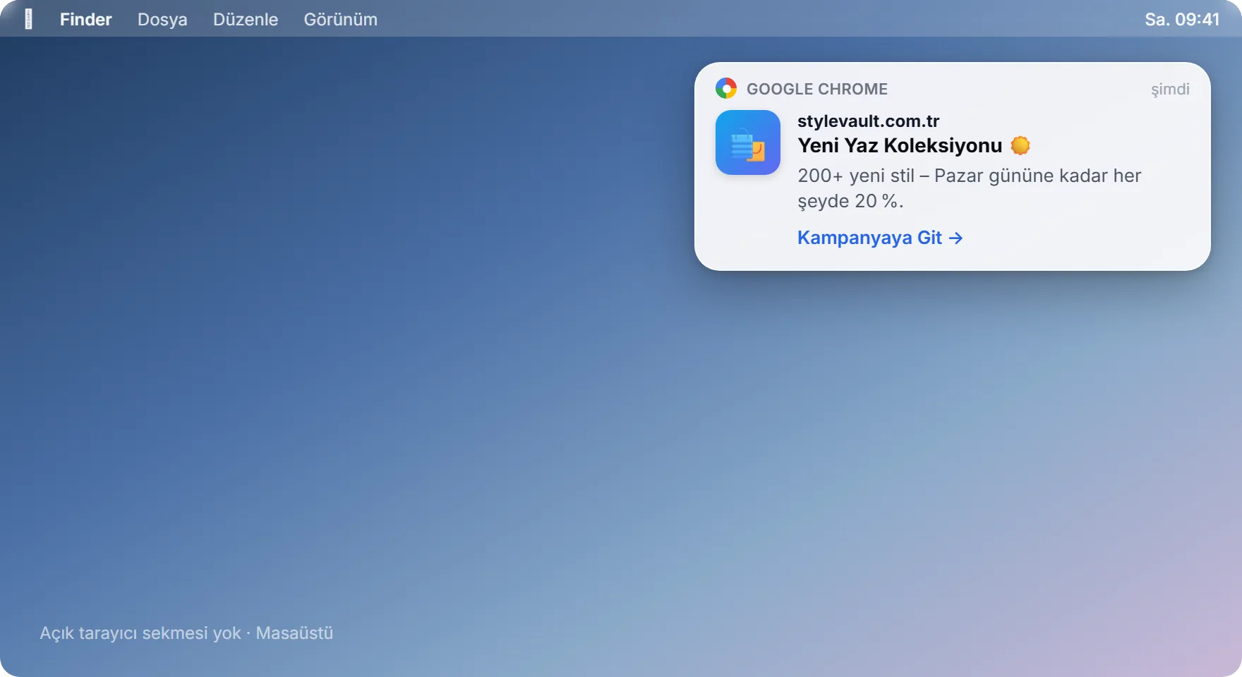 SendSeven Browser Push Bildirimi masaüstünde sağ üst köşede toast olarak görünüyor: başlık, metin ve teklife bağlantı
