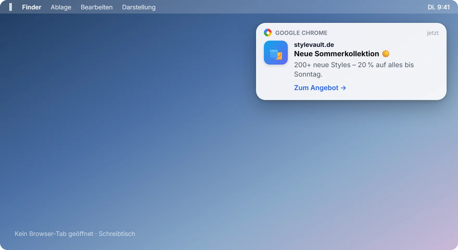 SendSeven Browser-Push-Benachrichtigung als Desktop-Toast oben rechts mit Titel, Text und Link zum Angebot
