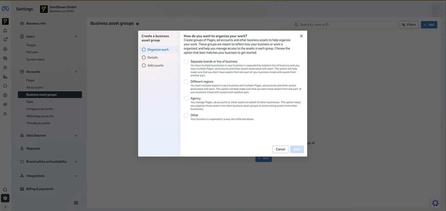 Cuadro de diálogo para crear un grupo de activos empresariales en la configuración del negocio de Meta