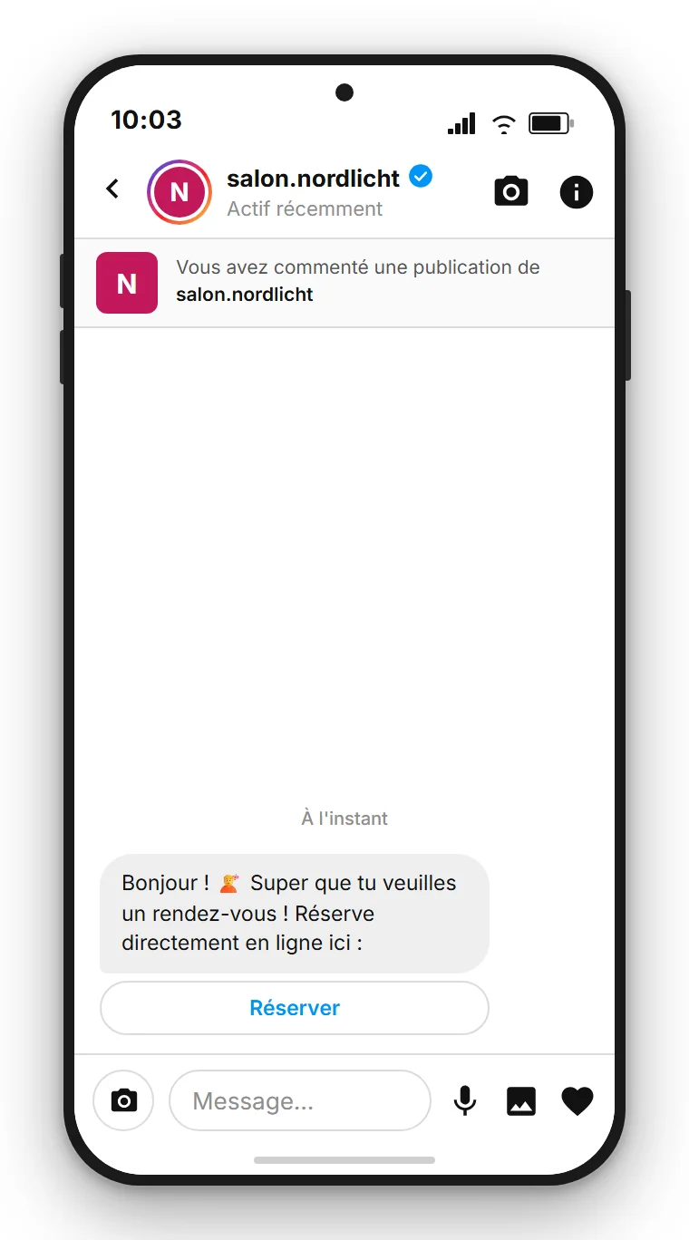 SendSeven Comment-to-DM : message direct Instagram automatique avec un bouton de réservation dès le premier message