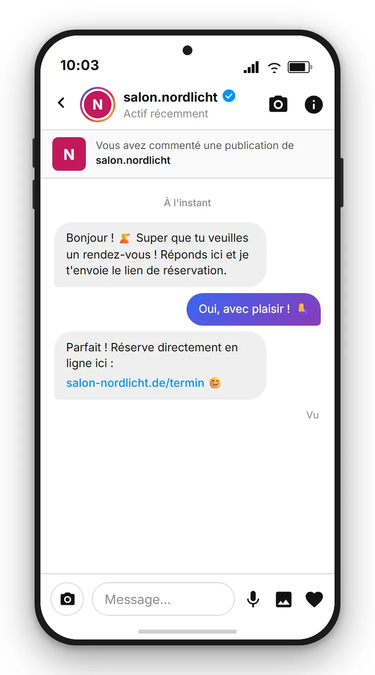 SendSeven Comment-to-DM : message direct Instagram automatique avec lien de réservation et bouton de réponse rapide après un commentaire RDVZ