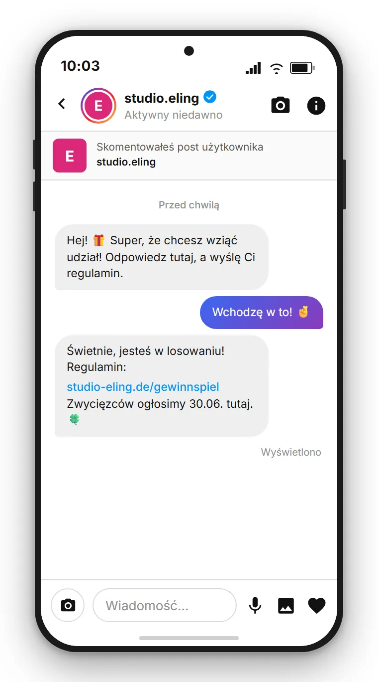 SendSeven Flow Builder: Comment-to-DM konkurs na Instagramie – od komentarza WIN do automatycznej DM potwierdzającej udział