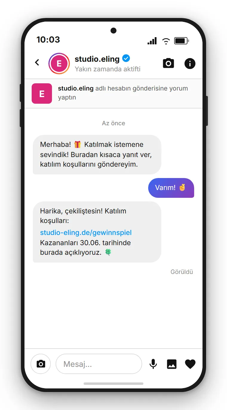SendSeven Comment-to-DM çekilişi: Instagram doğrudan mesajı çekilişe katılımı onaylıyor, kuralları aktarıyor ve gelecekteki pazarlama için e-posta rızası istiyor