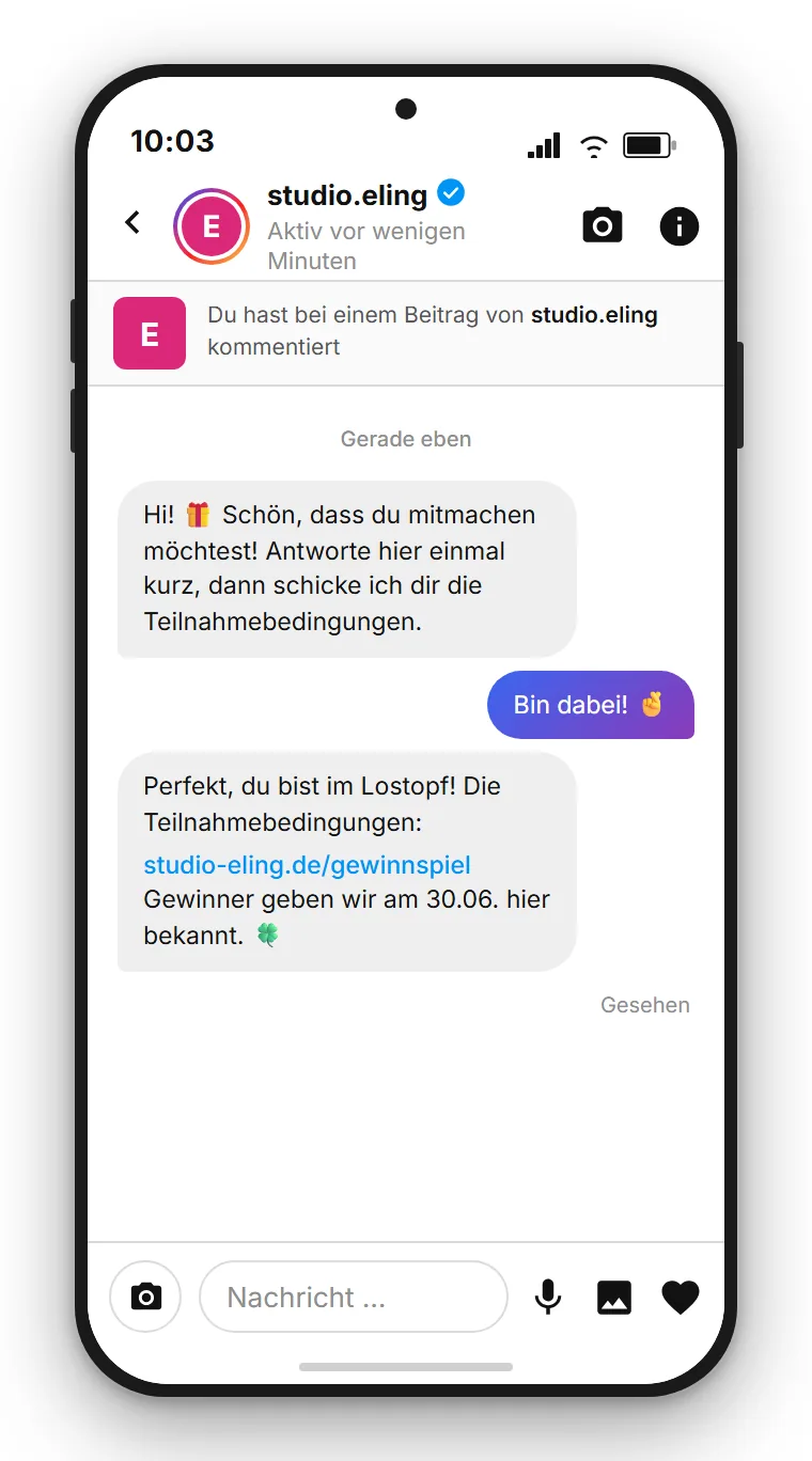 SendSeven Comment-to-DM Gewinnspiel: Instagram-Direktnachricht bestätigt die Teilnahme am Gewinnspiel, nennt die Regeln und fragt nach einer E-Mail-Einwilligung für künftiges Marketing