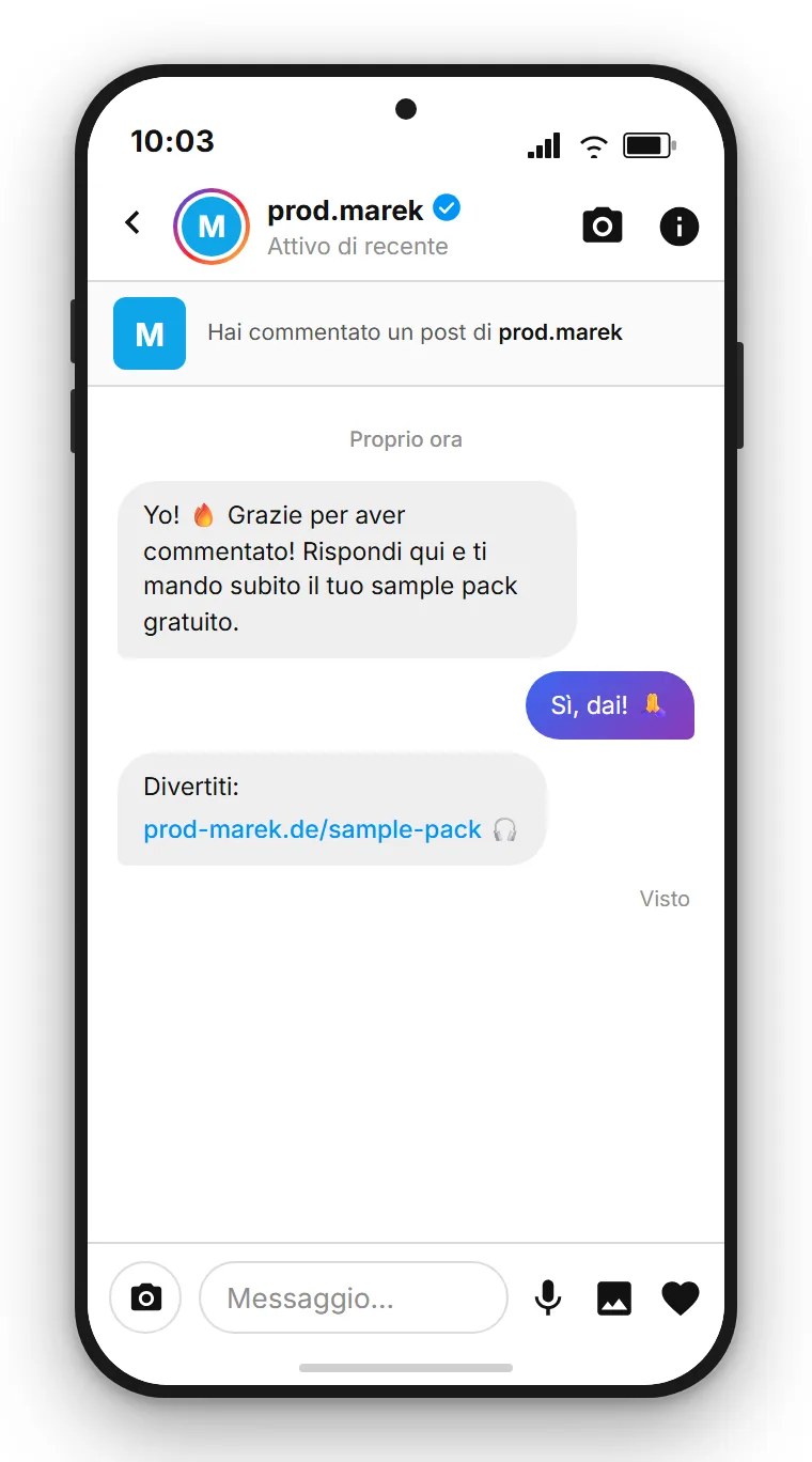 SendSeven esempio: DM automatico con link di presave per musicista su Instagram dopo un commento alla parola chiave