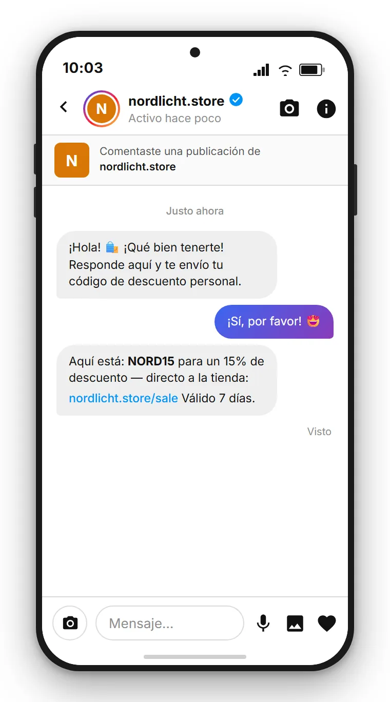 SendSeven Comment-to-DM para tienda online: mensaje directo de Instagram enviado automáticamente con código de descuento personal y enlace directo al producto, tras un comentario DESCUENTO