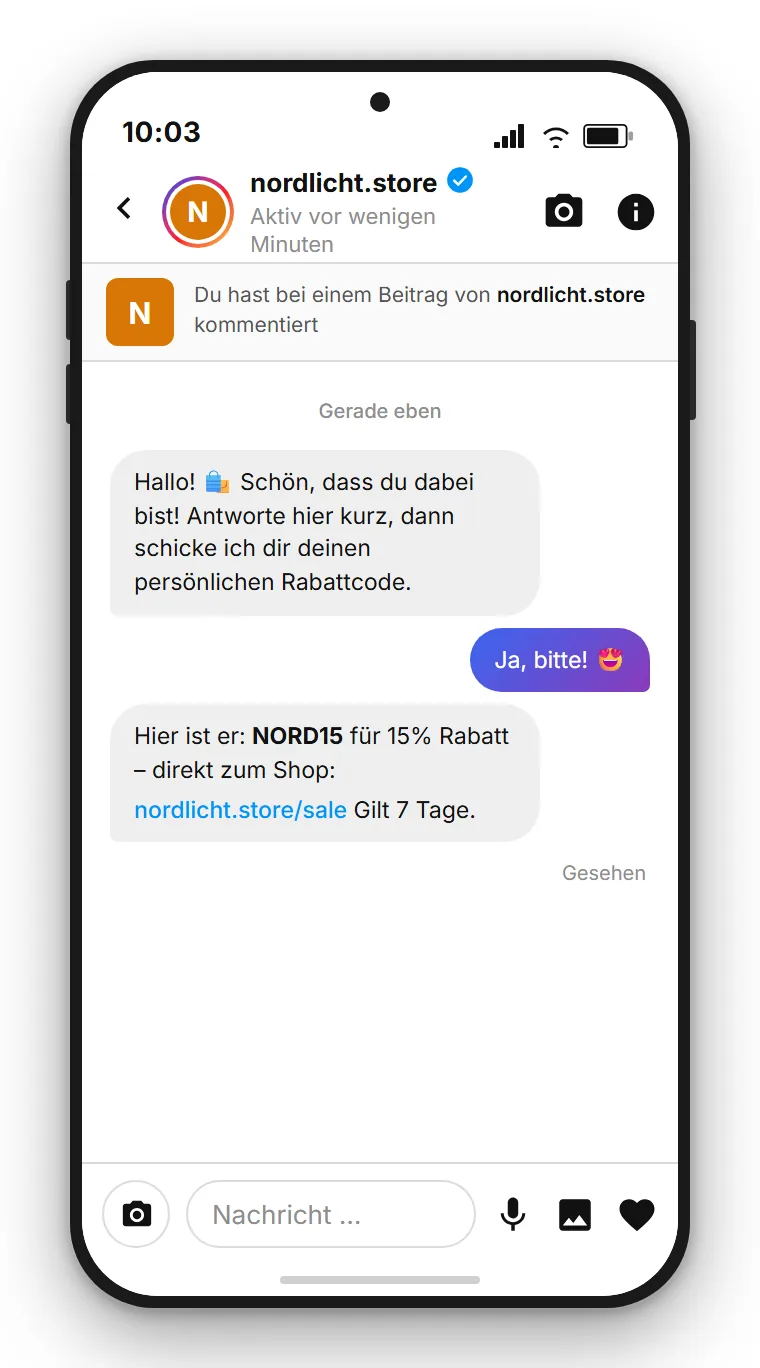 SendSeven Instagram-DM aus Shop-Perspektive: automatische Direktnachricht liefert persönlichen Rabattcode und direkten Produktlink, nachdem die Person SALE kommentiert hat