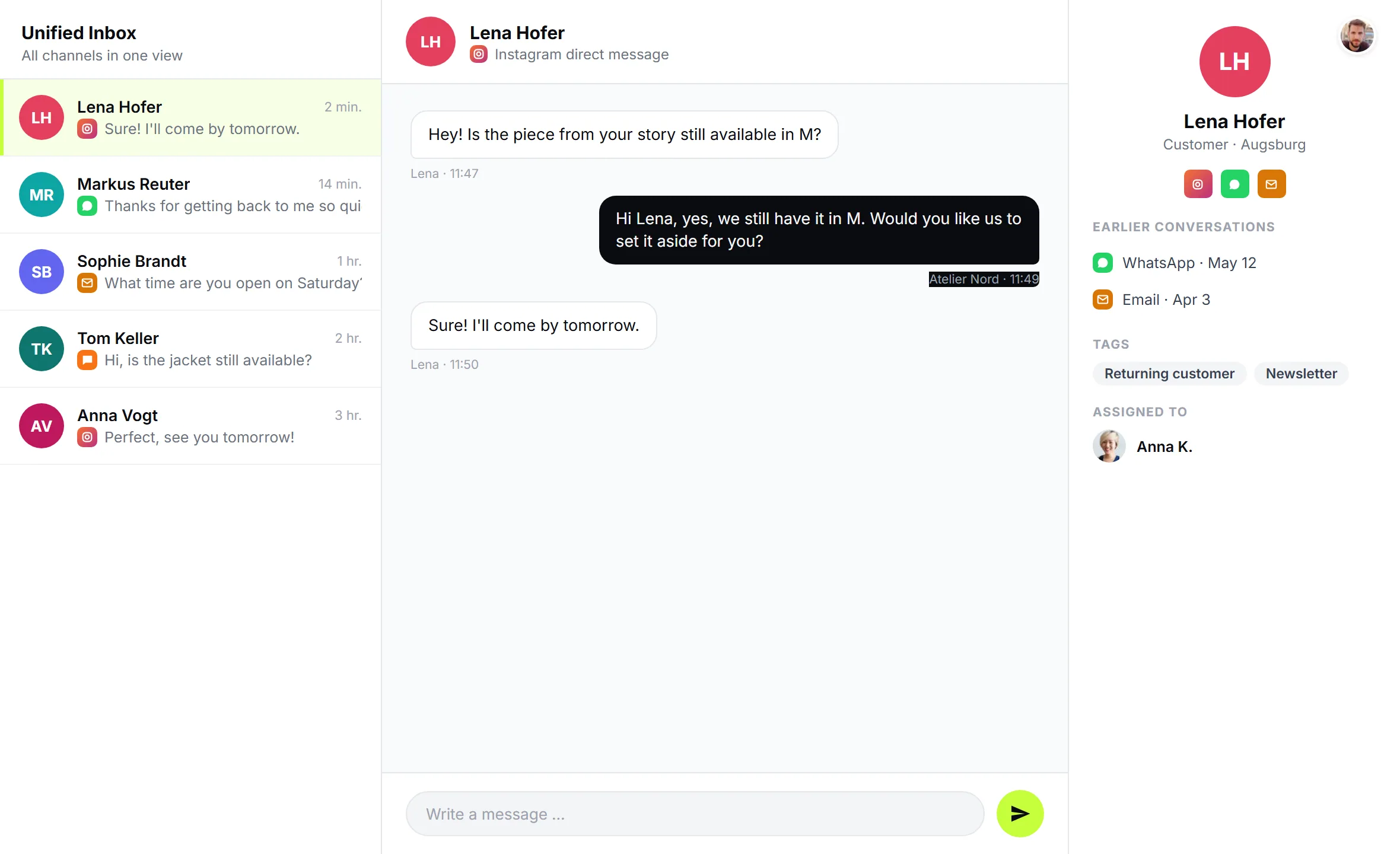 SendSeven desktop inbox with an Instagram conversation next to WhatsApp and email entries, channel badges visible, team inbox view