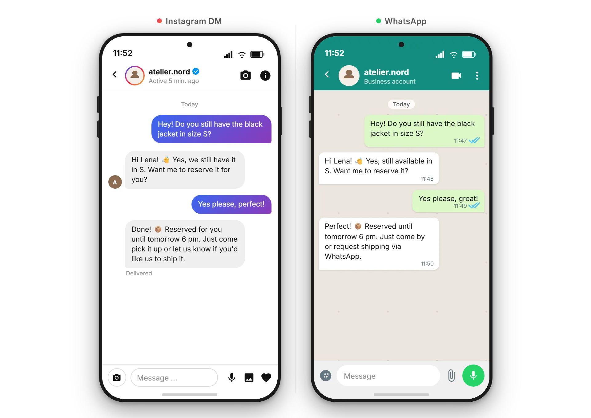 Side by side in the SendSeven inbox: an Instagram DM on the left, a WhatsApp conversation with the same customer on the right, in English