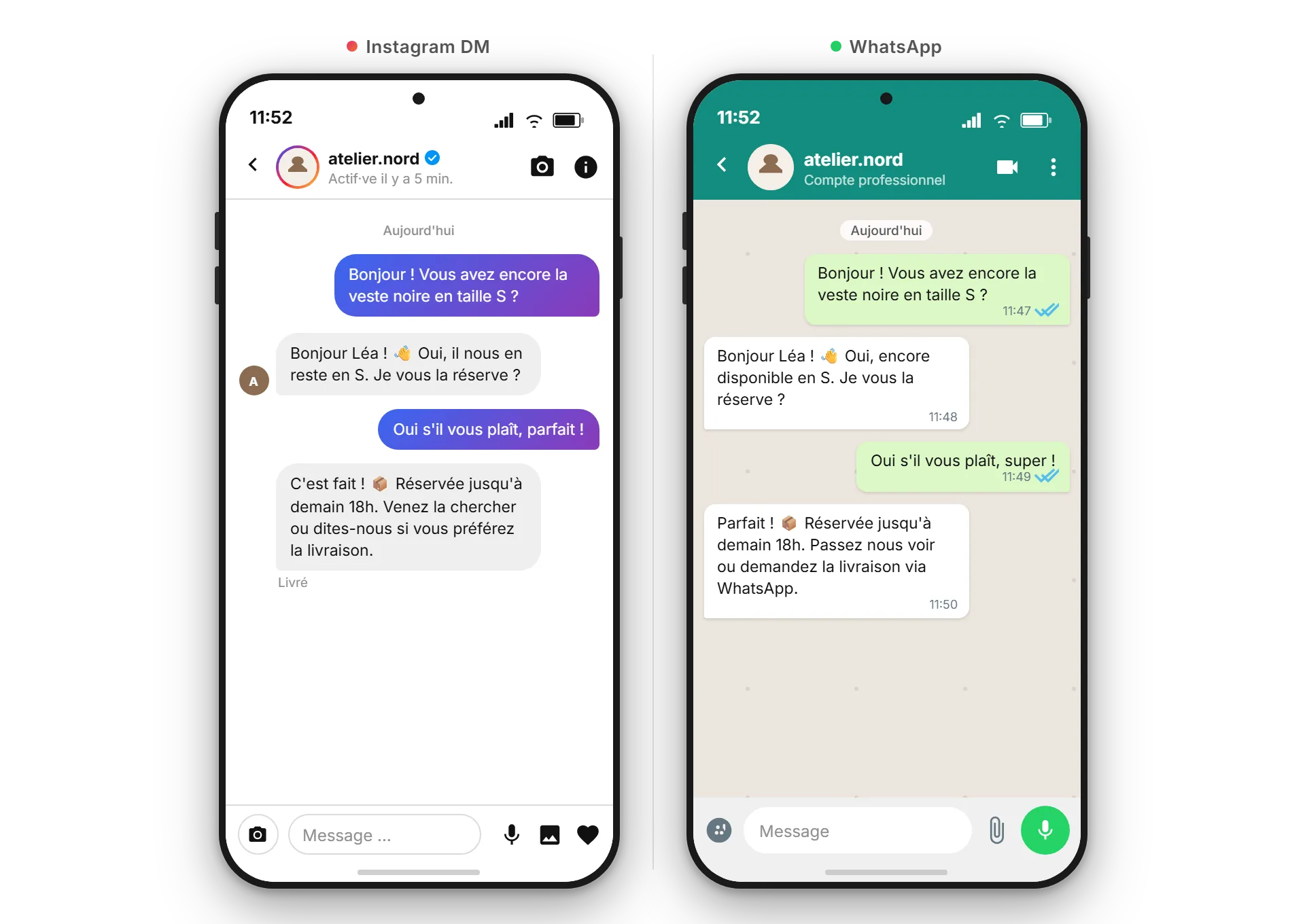 Vue côte à côte dans la boîte de réception SendSeven : à gauche un DM Instagram, à droite une conversation WhatsApp avec le même client, en français