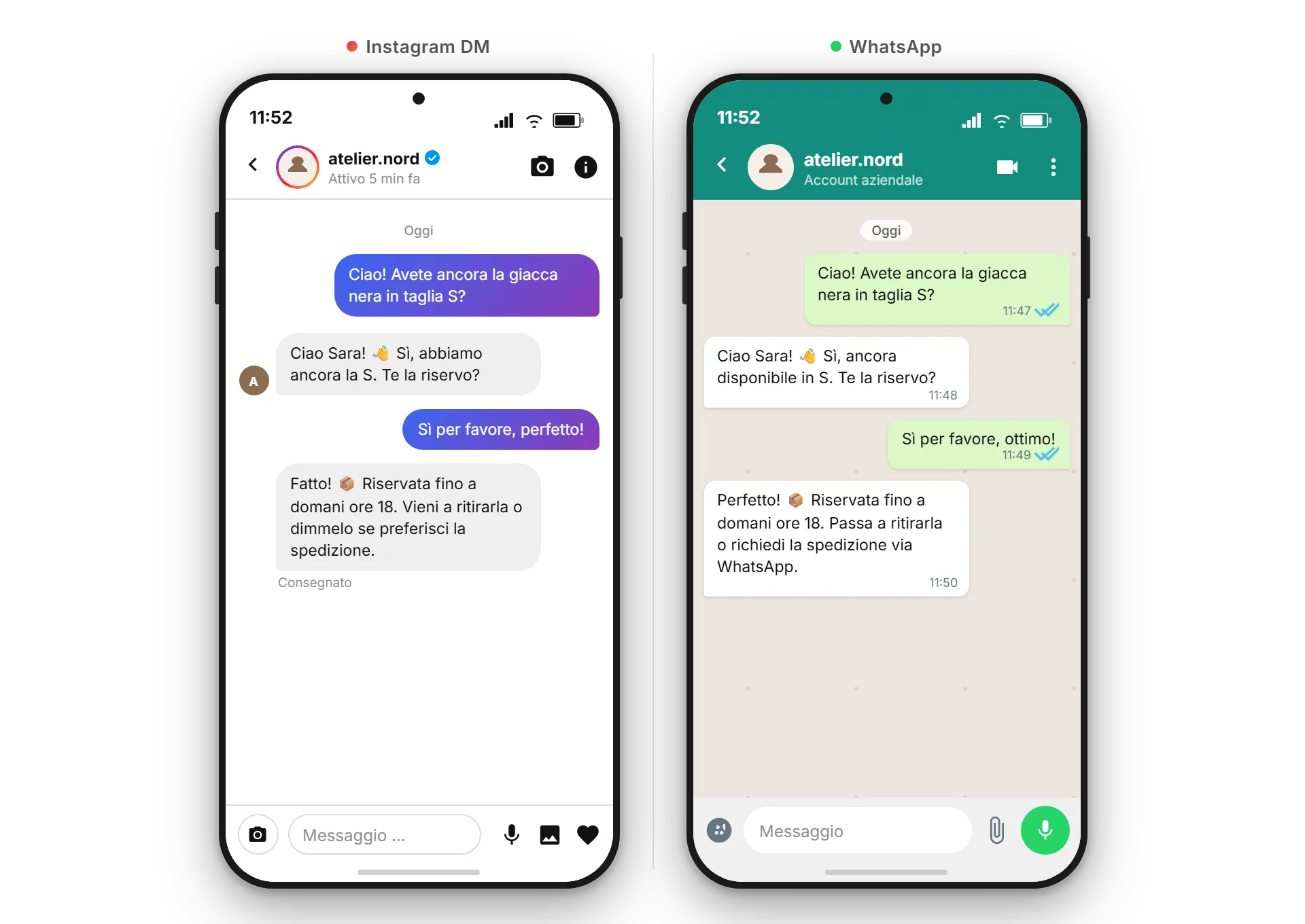 Side-by-side nella casella di posta SendSeven: a sinistra un DM Instagram, a destra una conversazione WhatsApp con lo stesso cliente in italiano