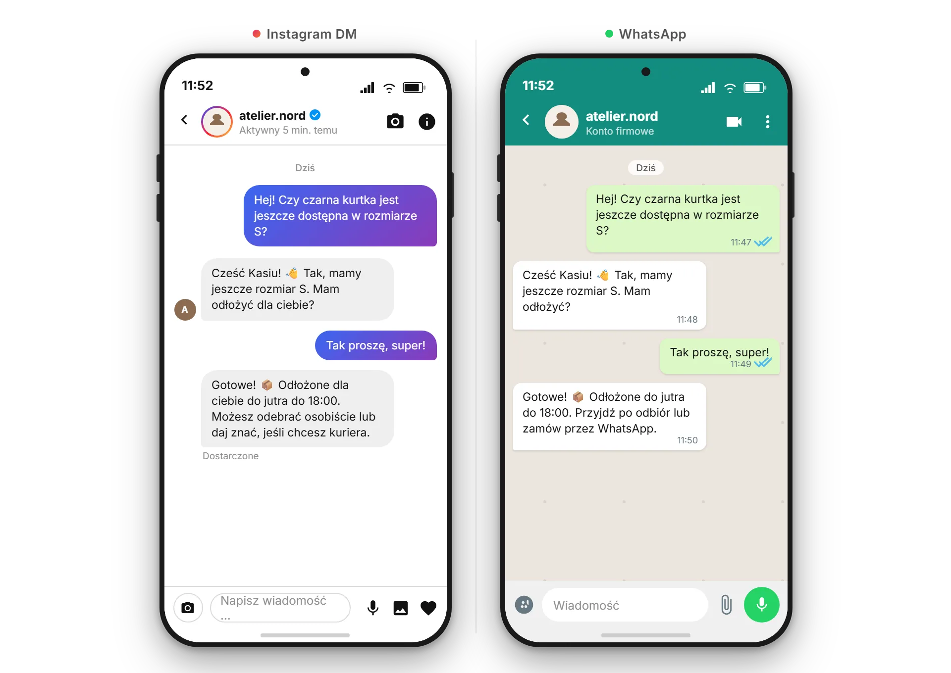 Side-by-side we wspólnej skrzynce SendSeven: po lewej Instagram DM, po prawej rozmowa WhatsApp z tym samym klientem po polsku