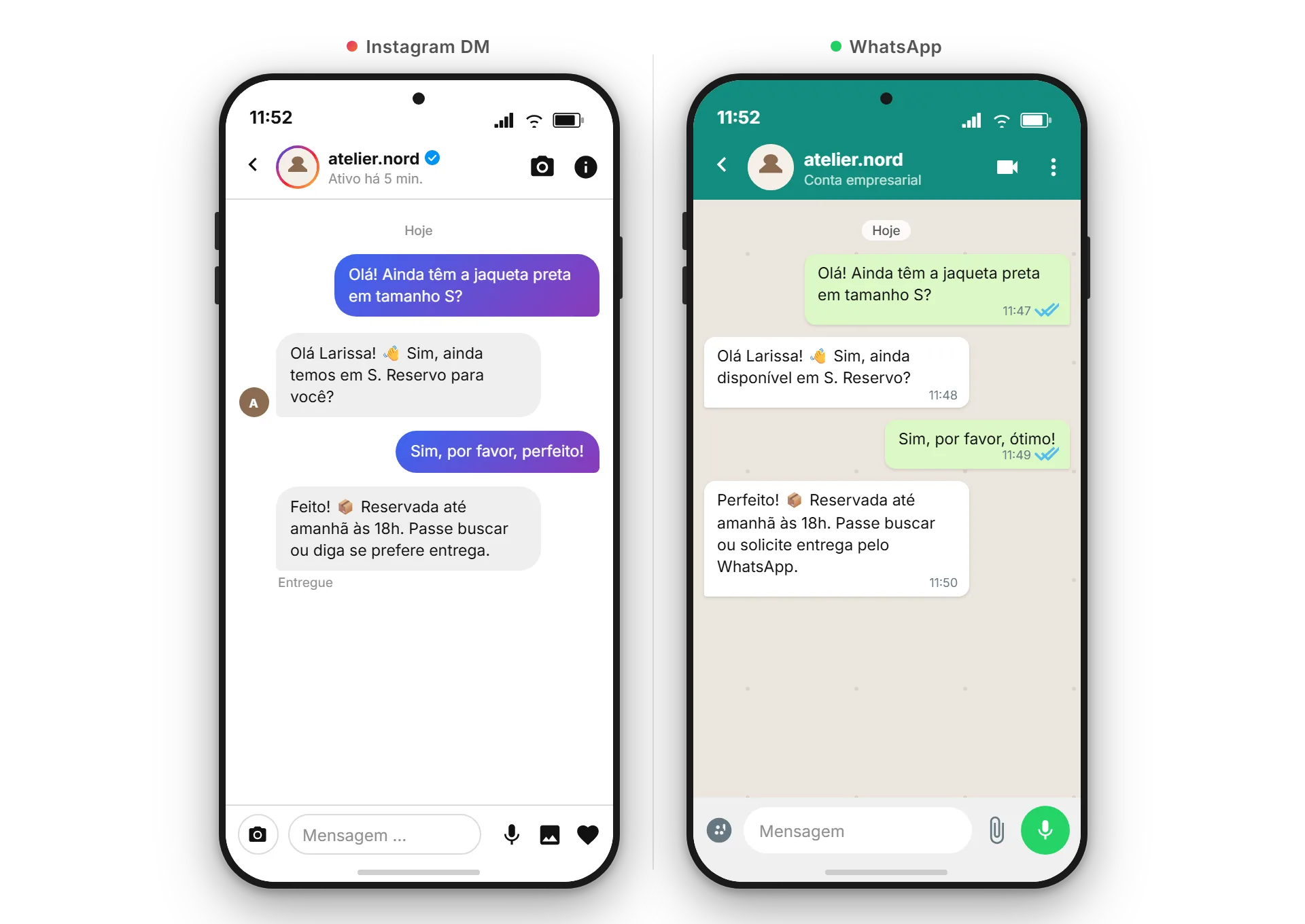 Lado a lado na caixa de entrada do SendSeven: à esquerda uma DM do Instagram, à direita uma conversa do WhatsApp com o mesmo cliente em português