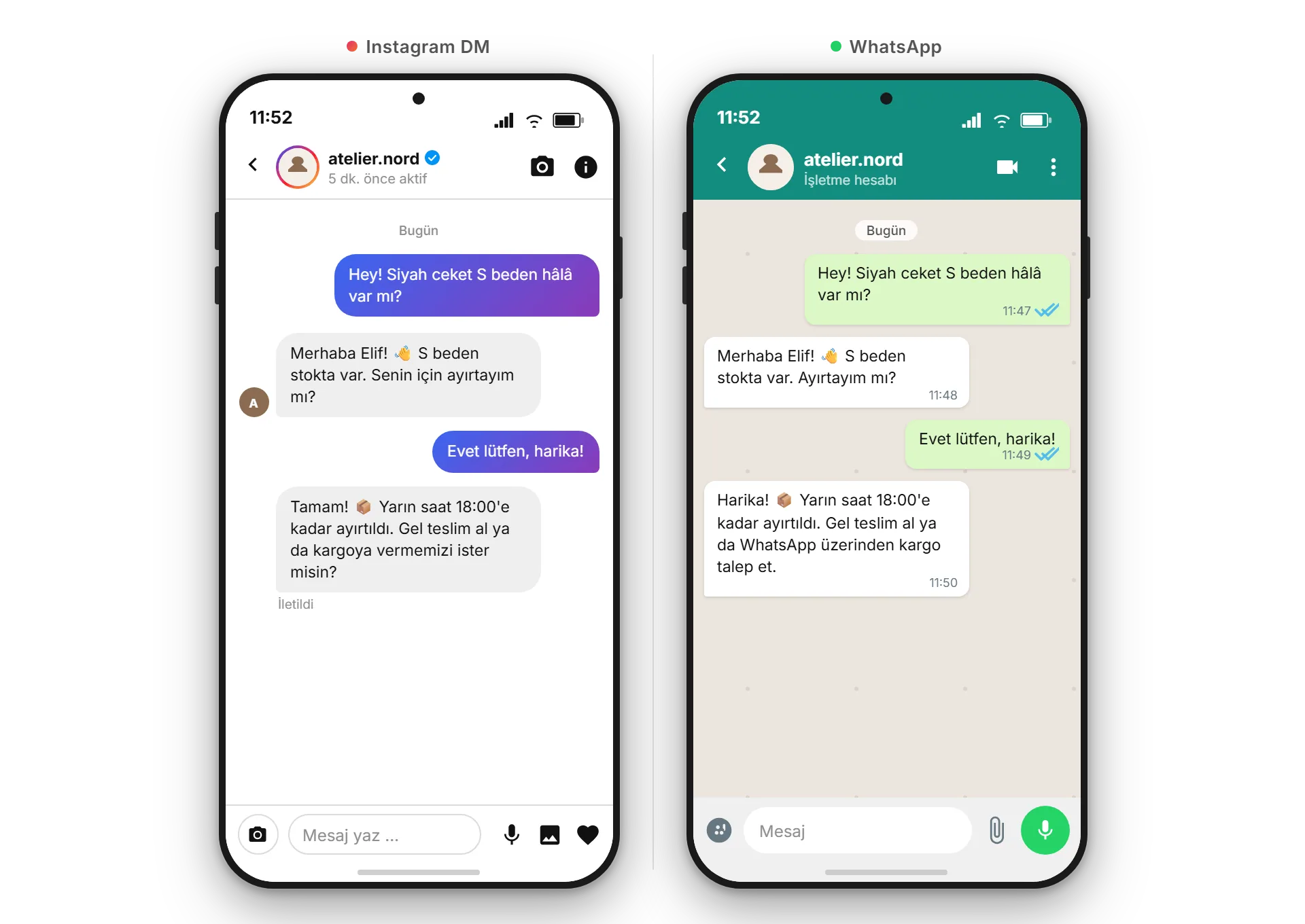 SendSeven gelen kutusunda yan yana: solda bir Instagram DM, sağda Türkçe aynı müşteriyle bir WhatsApp görüşmesi