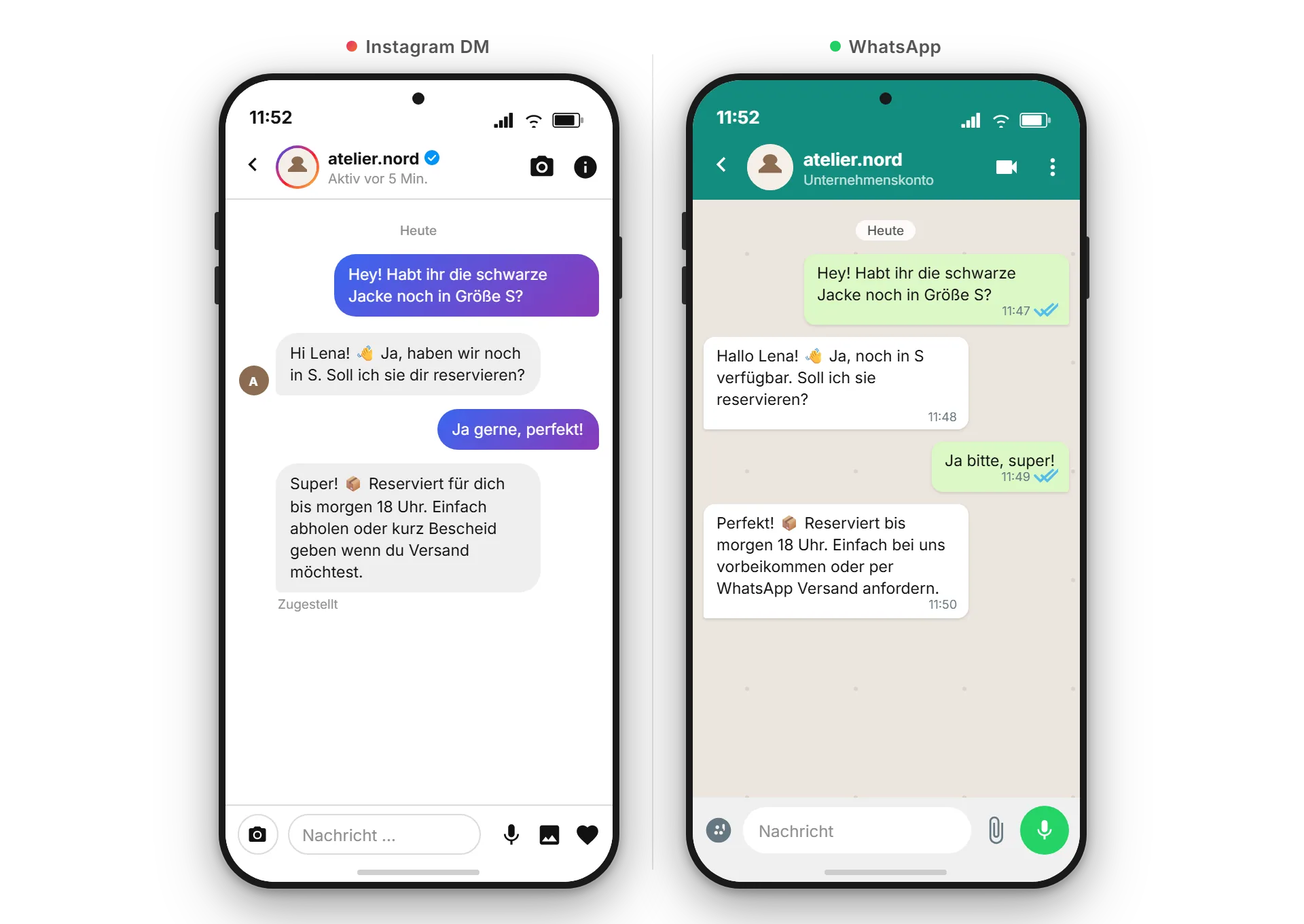 Side-by-Side im SendSeven Posteingang: links eine Instagram-DM, rechts eine WhatsApp-Unterhaltung mit demselben Kunden auf Deutsch