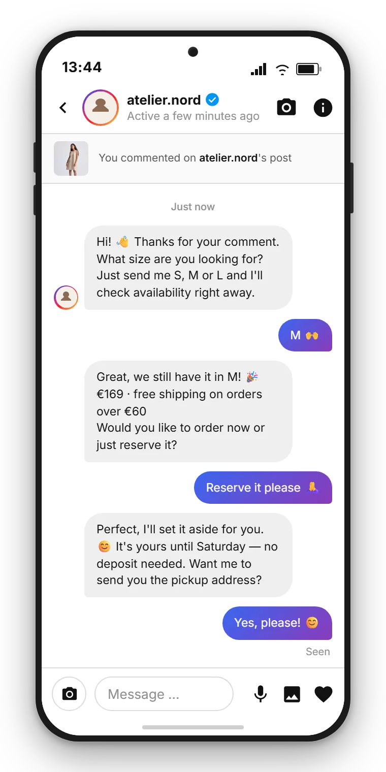 SendSeven example: the automatically triggered Instagram direct message from the customer's perspective, where the brand replies to the comment