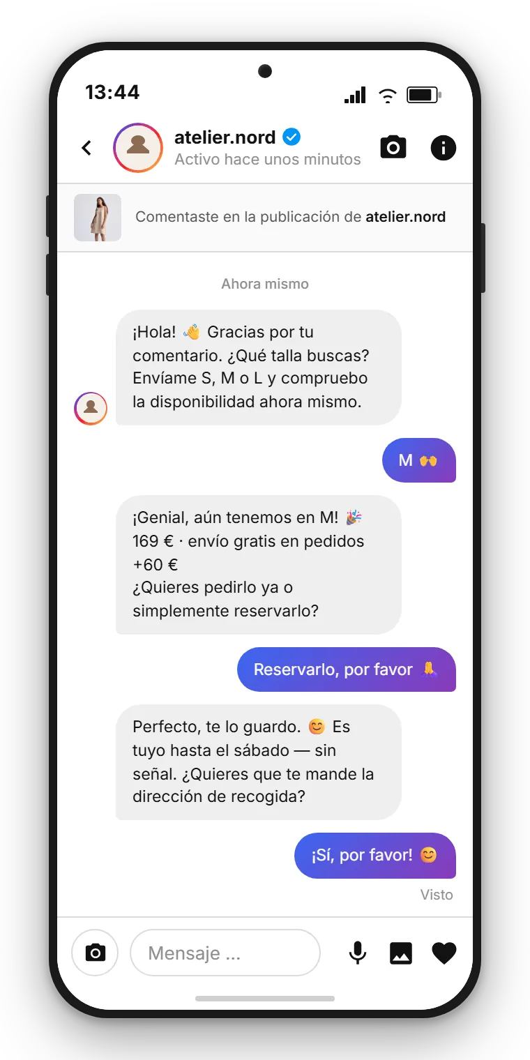 Ejemplo SendSeven: el mensaje directo de Instagram activado automáticamente desde la perspectiva del cliente, en el que la marca responde al comentario