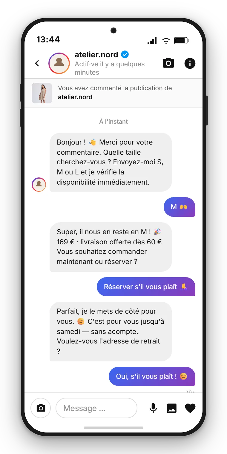 Exemple SendSeven : le message direct Instagram déclenché automatiquement vu côté client, dans lequel la marque répond au commentaire