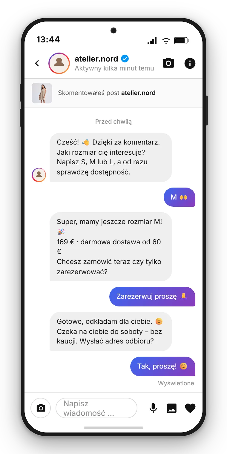 Przykład SendSeven: automatycznie wyzwolona wiadomość bezpośrednia z Instagrama z perspektywy klienta, w której marka odpowiada na komentarz