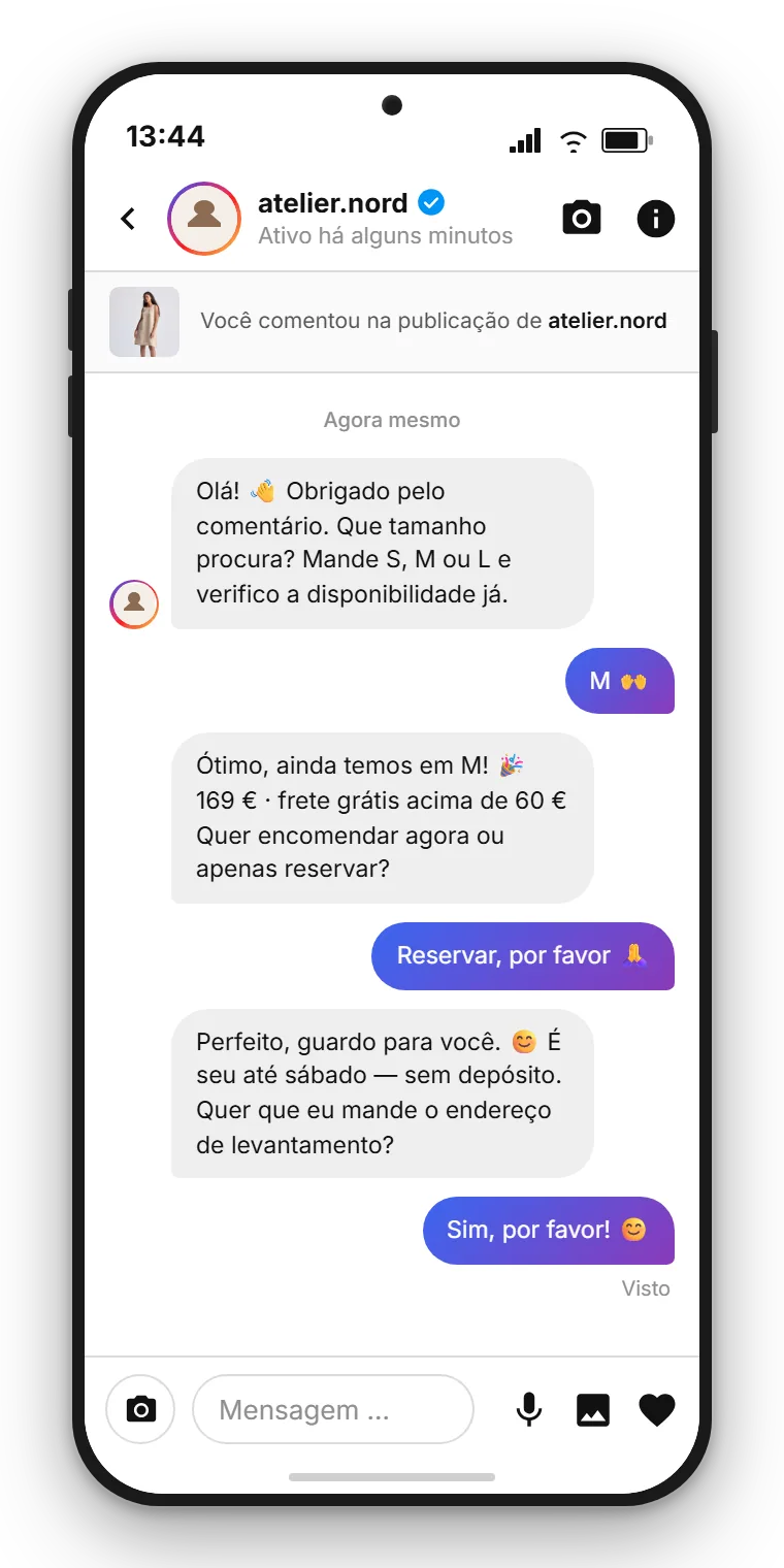 Exemplo SendSeven: a mensagem direta do Instagram disparada automaticamente do ponto de vista do cliente, na qual a marca responde ao comentário