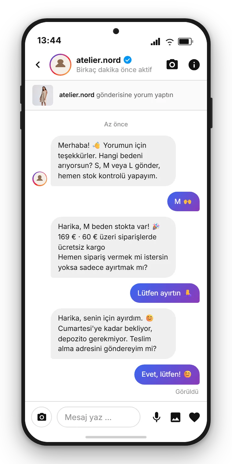 SendSeven örneği: müşterinin perspektifinden, markanın yoruma yanıt verdiği otomatik tetiklenen Instagram direkt mesajı