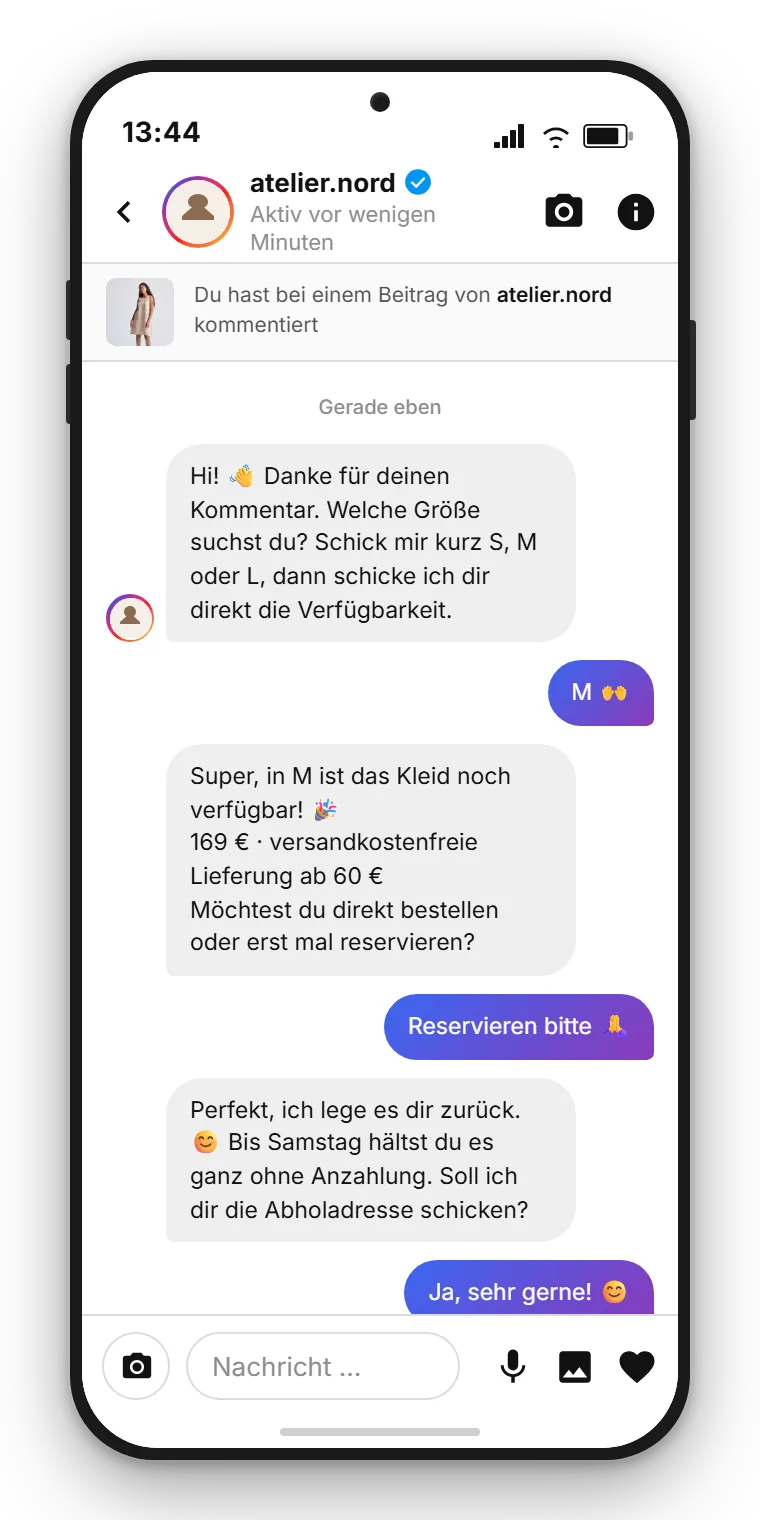 SendSeven Beispiel: die automatisch ausgelöste Instagram-Direktnachricht aus Kundensicht, in der die Marke auf den Kommentar antwortet