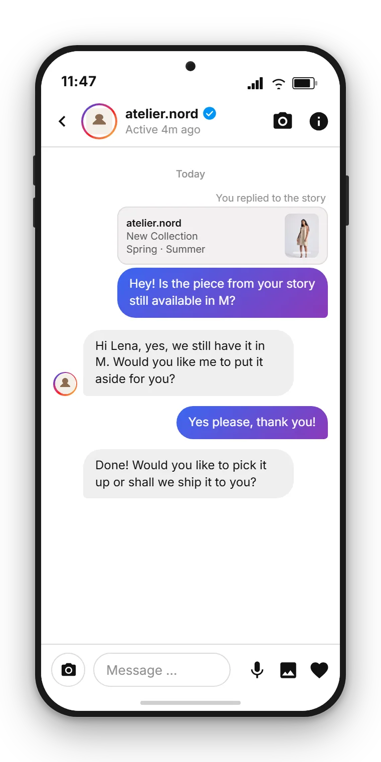 Instagram DM in the SendSeven inbox: a fictional brand answers a customer question after a story reply, in English