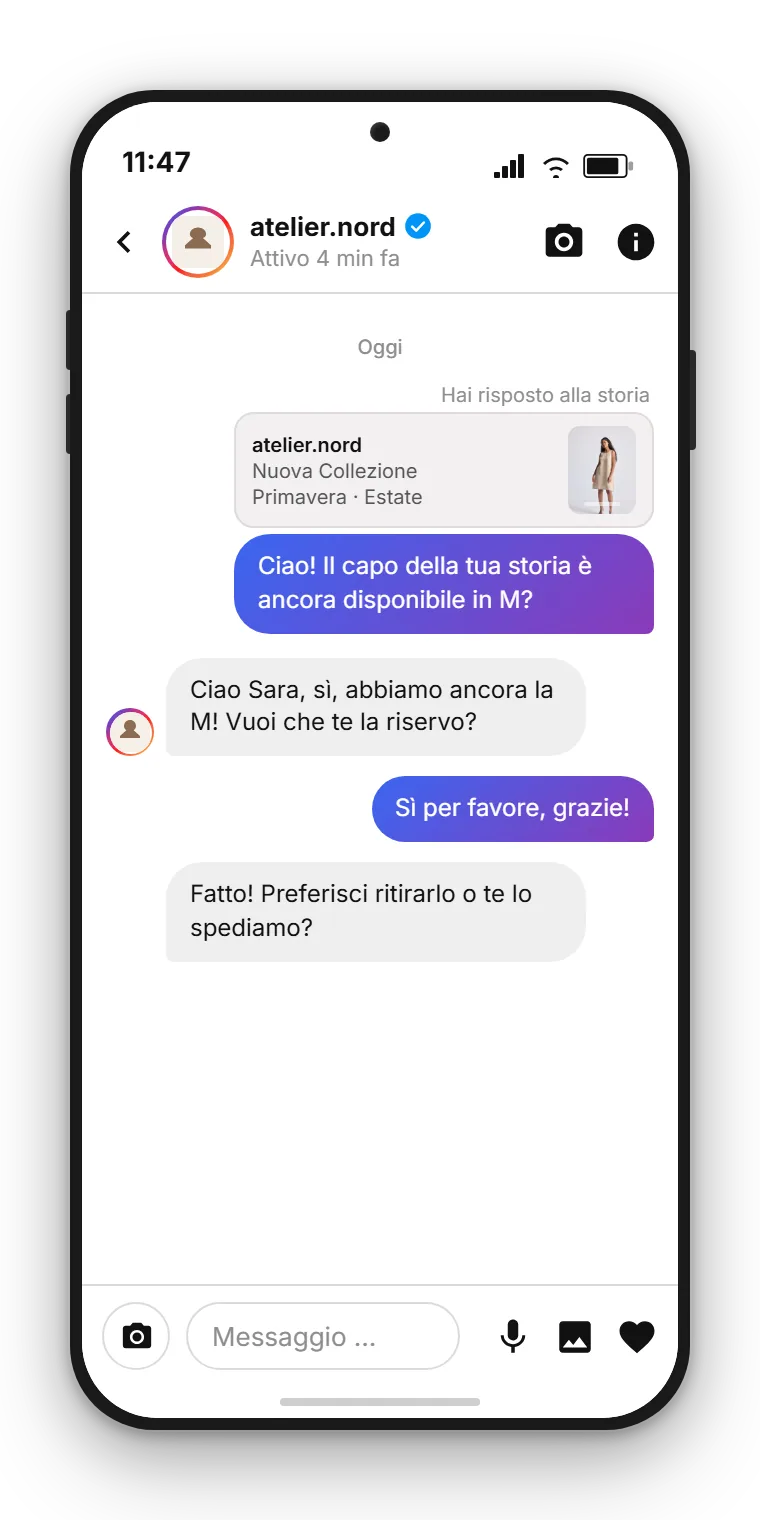 DM Instagram nella casella di posta SendSeven: un brand fittizio risponde a una domanda del cliente dopo una risposta alla storia, in italiano