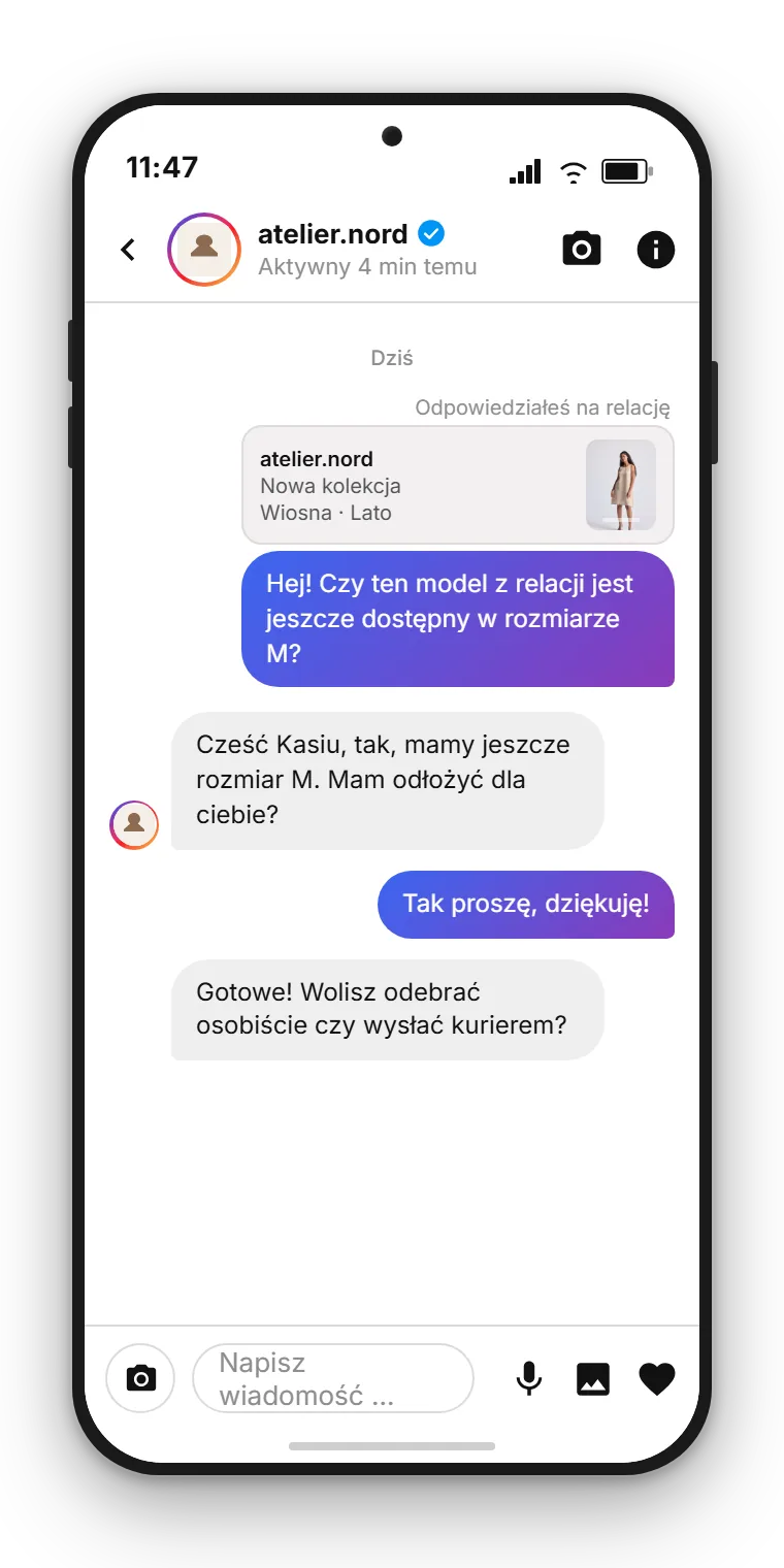 Wiadomość DM z Instagrama w skrzynce SendSeven: fikcyjna marka odpowiada na pytanie klienta po odpowiedzi na relację, po polsku