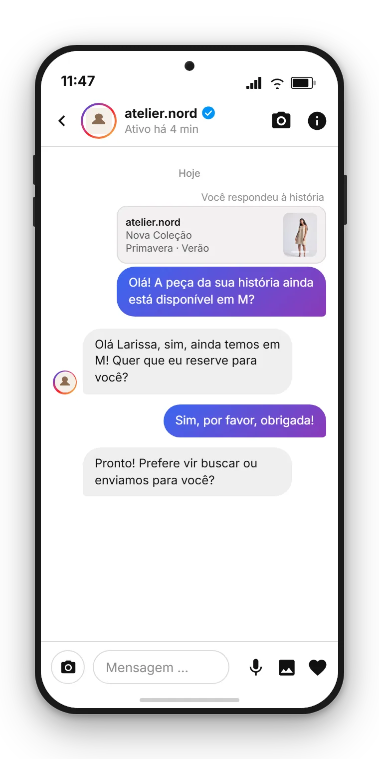 DM do Instagram na caixa de entrada do SendSeven: uma marca fictícia responde a uma pergunta de cliente após uma resposta a story, em português