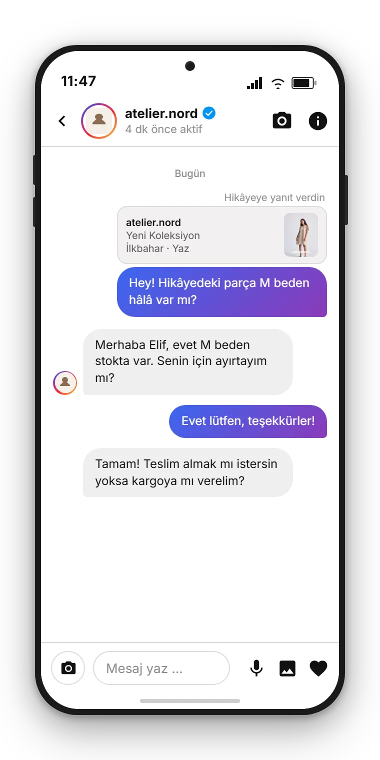 SendSeven gelen kutusunda Instagram DM: kurgusal bir marka, story yanıtının ardından bir müşteri sorusunu Türkçe olarak yanıtlıyor