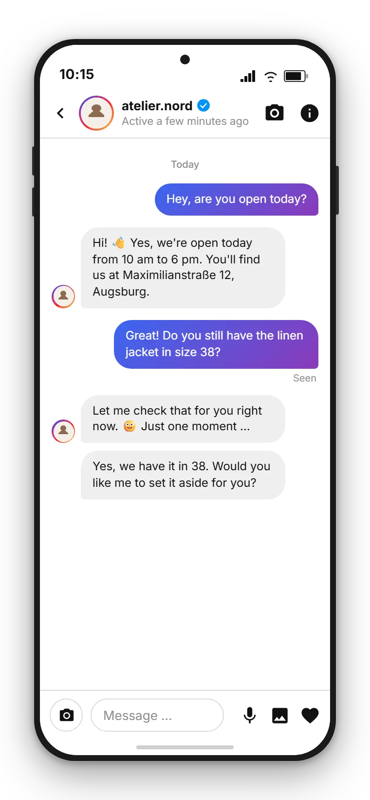 Instagram DM in the SendSeven inbox: the AI assistant answers a question about opening hours, followed by a handover to a team member for individual advice