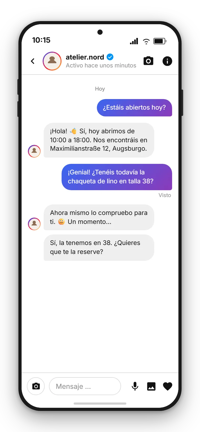 DM de Instagram en la bandeja de SendSeven: el asistente de IA responde una pregunta sobre los horarios, después llega el traspaso a un miembro del equipo para el asesoramiento individual