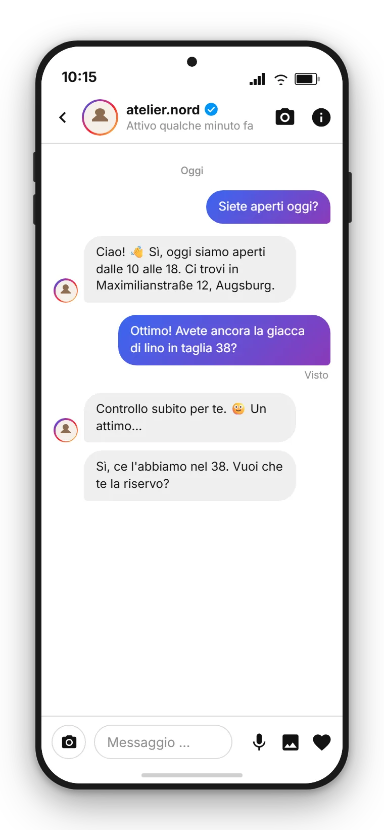 DM Instagram nella casella di posta SendSeven: l'assistente IA risponde a una domanda sugli orari di apertura, poi segue l'affidamento a un collaboratore per la consulenza personalizzata
